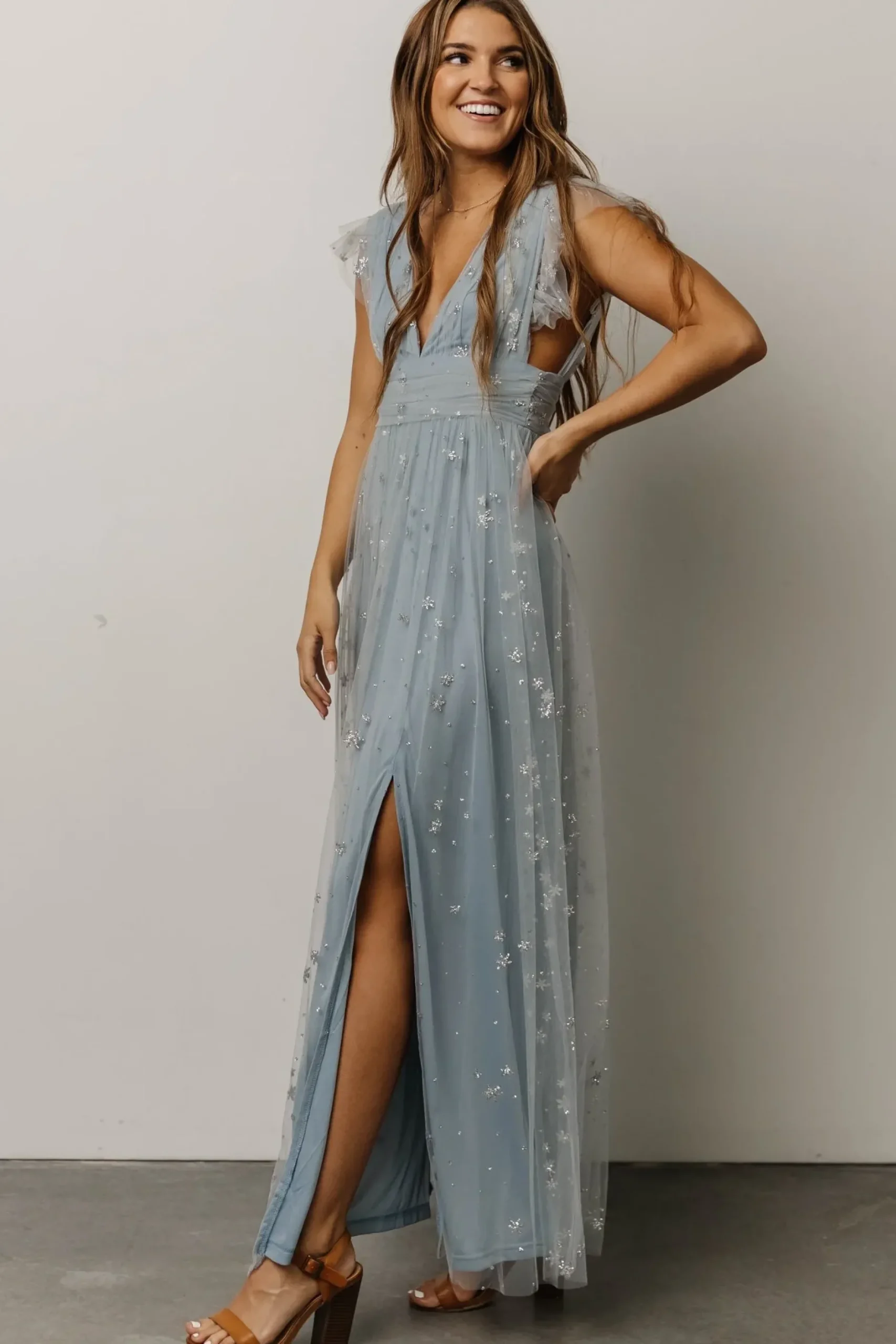 Baltic Born tulle styles|Nova Shimmer Maxi Dress | Dusty Blue + Silver