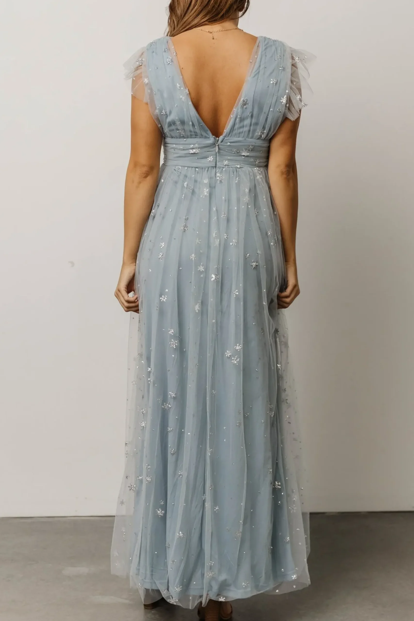 Baltic Born tulle styles|Nova Shimmer Maxi Dress | Dusty Blue + Silver