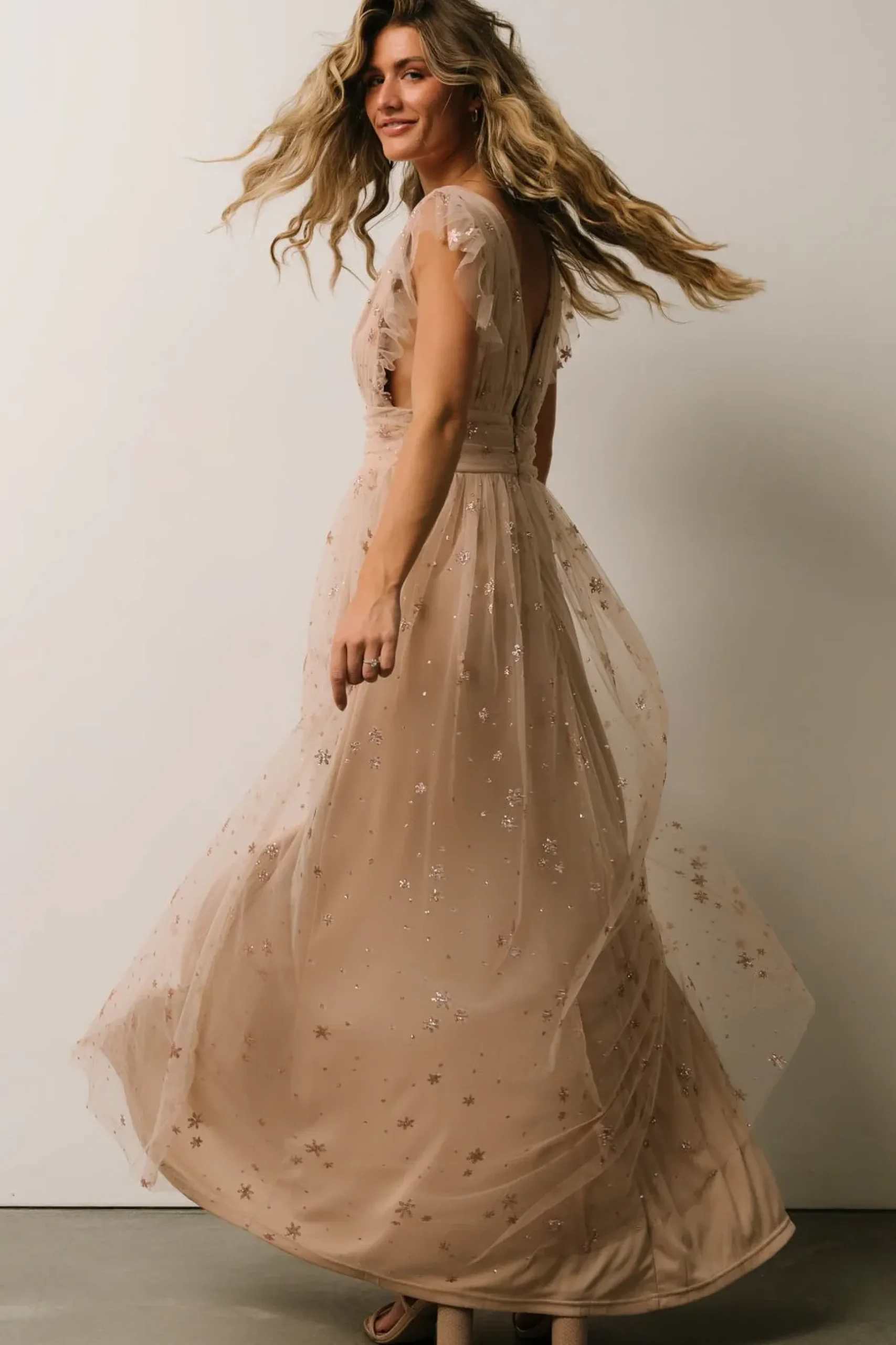 Baltic Born tulle styles|Nova Shimmer Maxi Dress | Natural + Blush