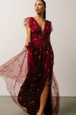 Baltic Born tulle styles|Nova Shimmer Maxi Dress | Wine + Gold