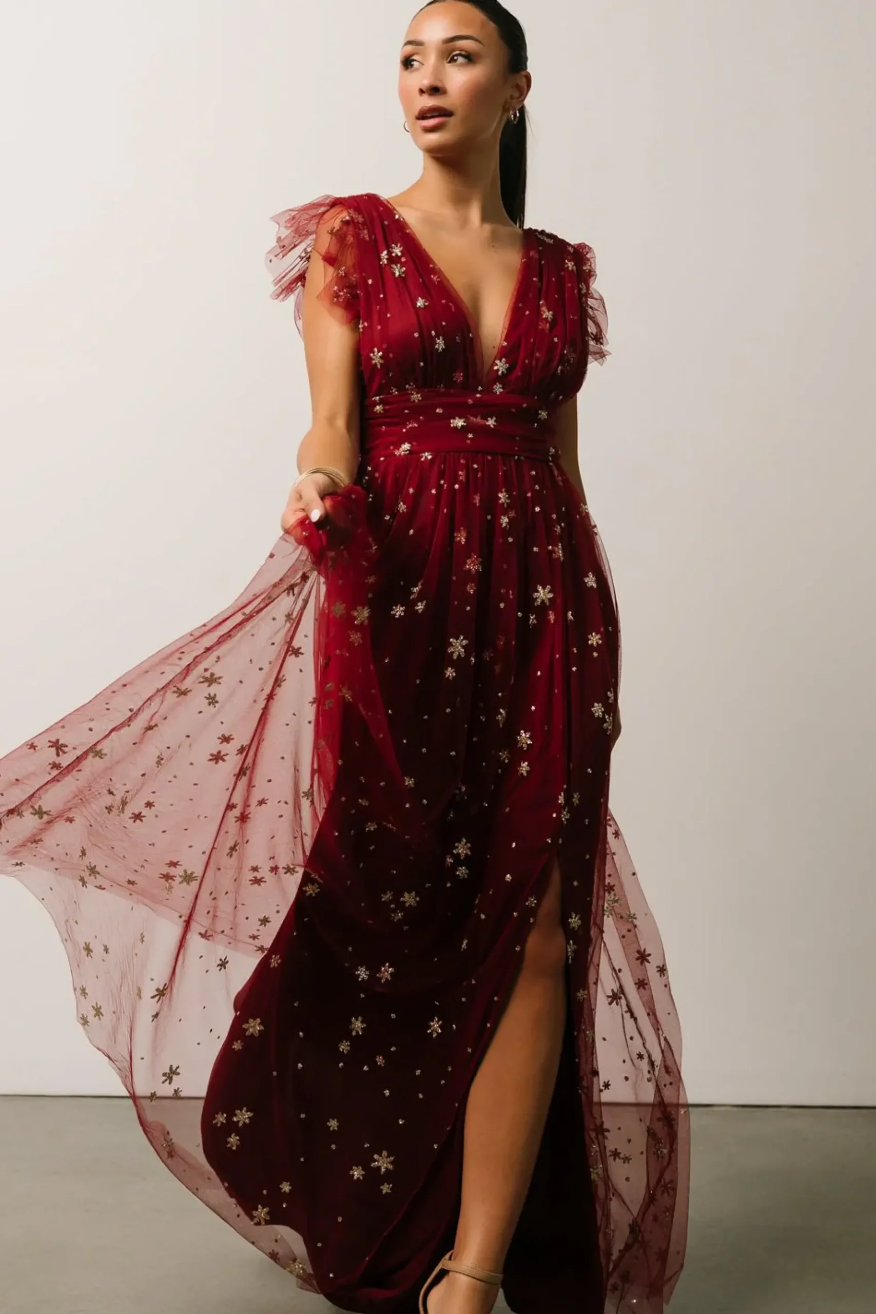 Baltic Born tulle styles|Nova Shimmer Maxi Dress | Wine + Gold