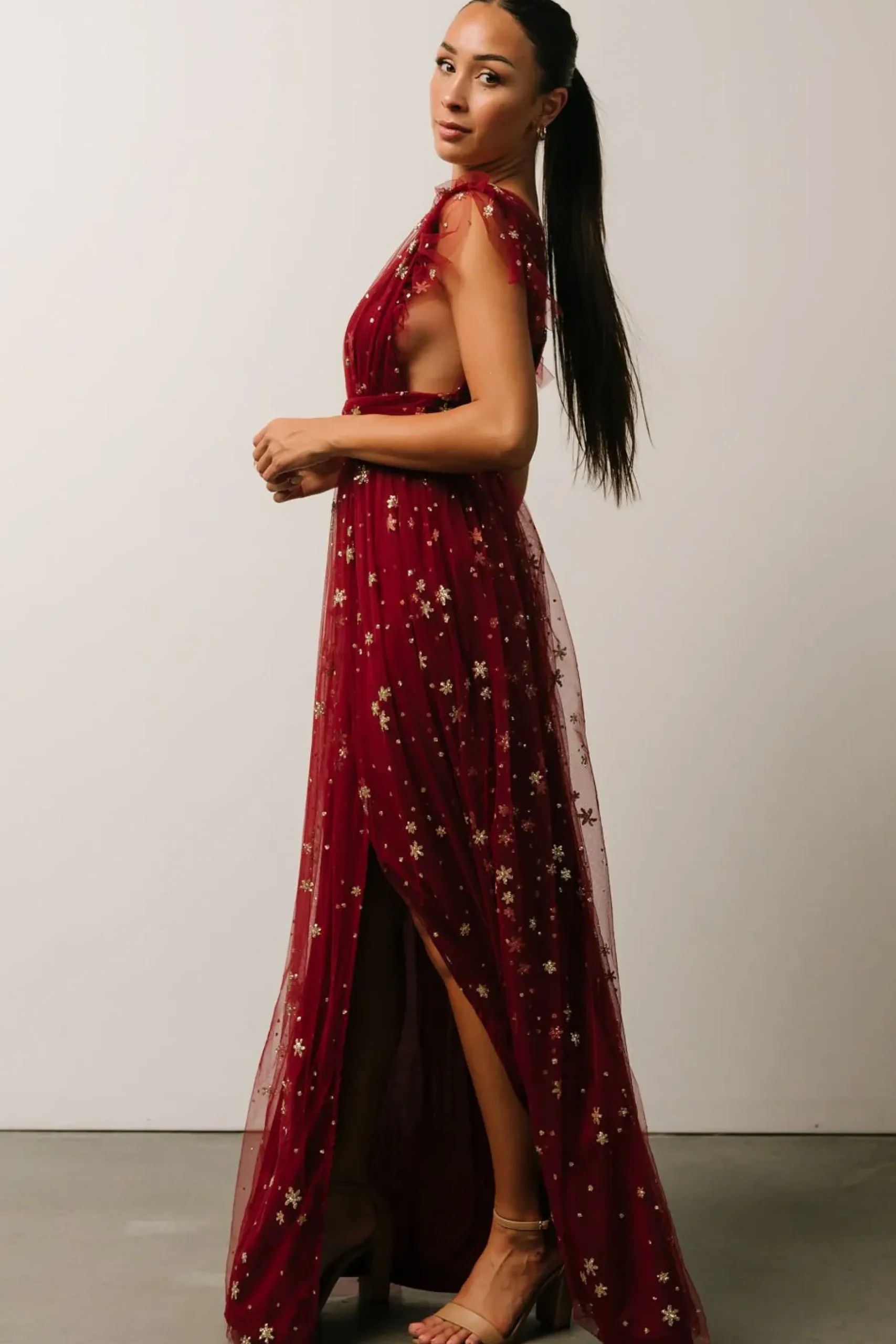 Baltic Born tulle styles|Nova Shimmer Maxi Dress | Wine + Gold