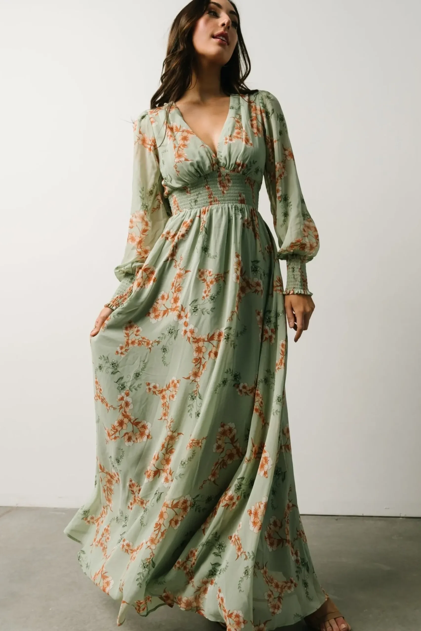 Baltic Born WEDDING SUITE|wedding guest|Olivia Maxi Dress | Sage + Peach Floral