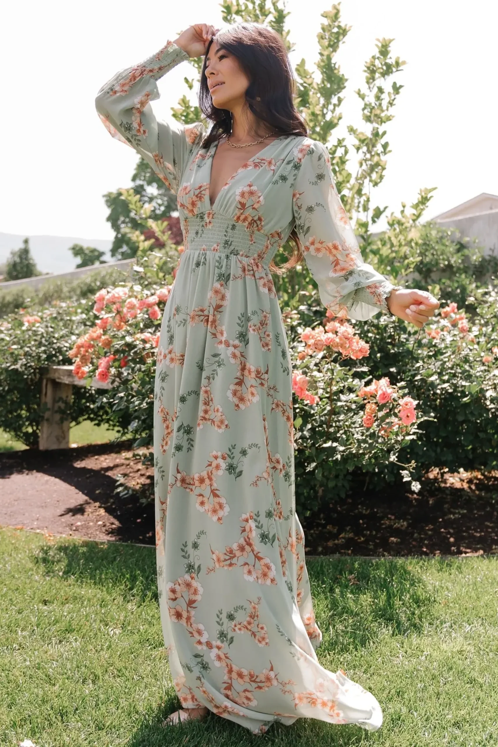 Baltic Born WEDDING SUITE|wedding guest|Olivia Maxi Dress | Sage + Peach Floral