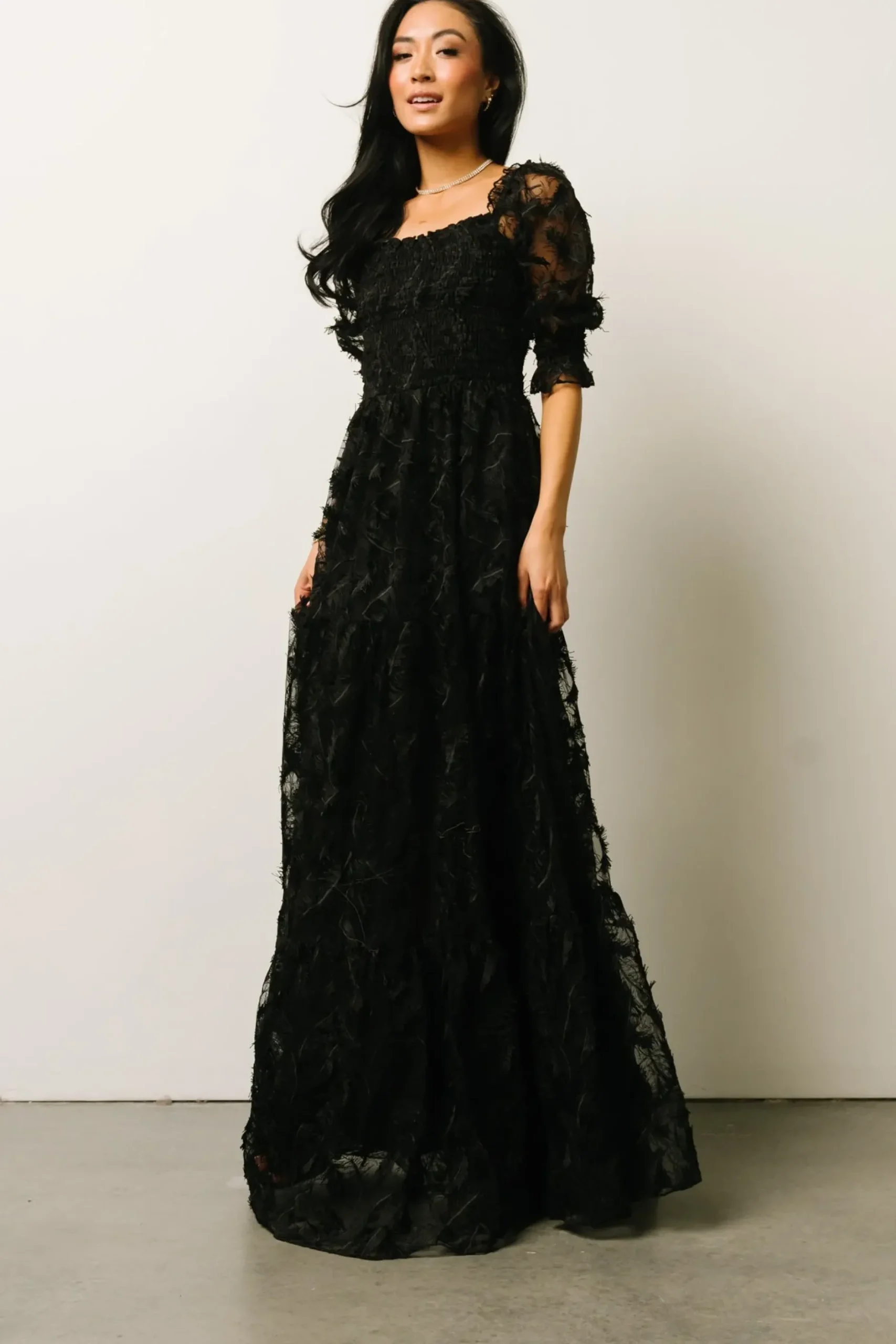 Baltic Born bump friendly|WINTER ESSENTIALS|Paloma Smocked Feather Maxi Dress | Black
