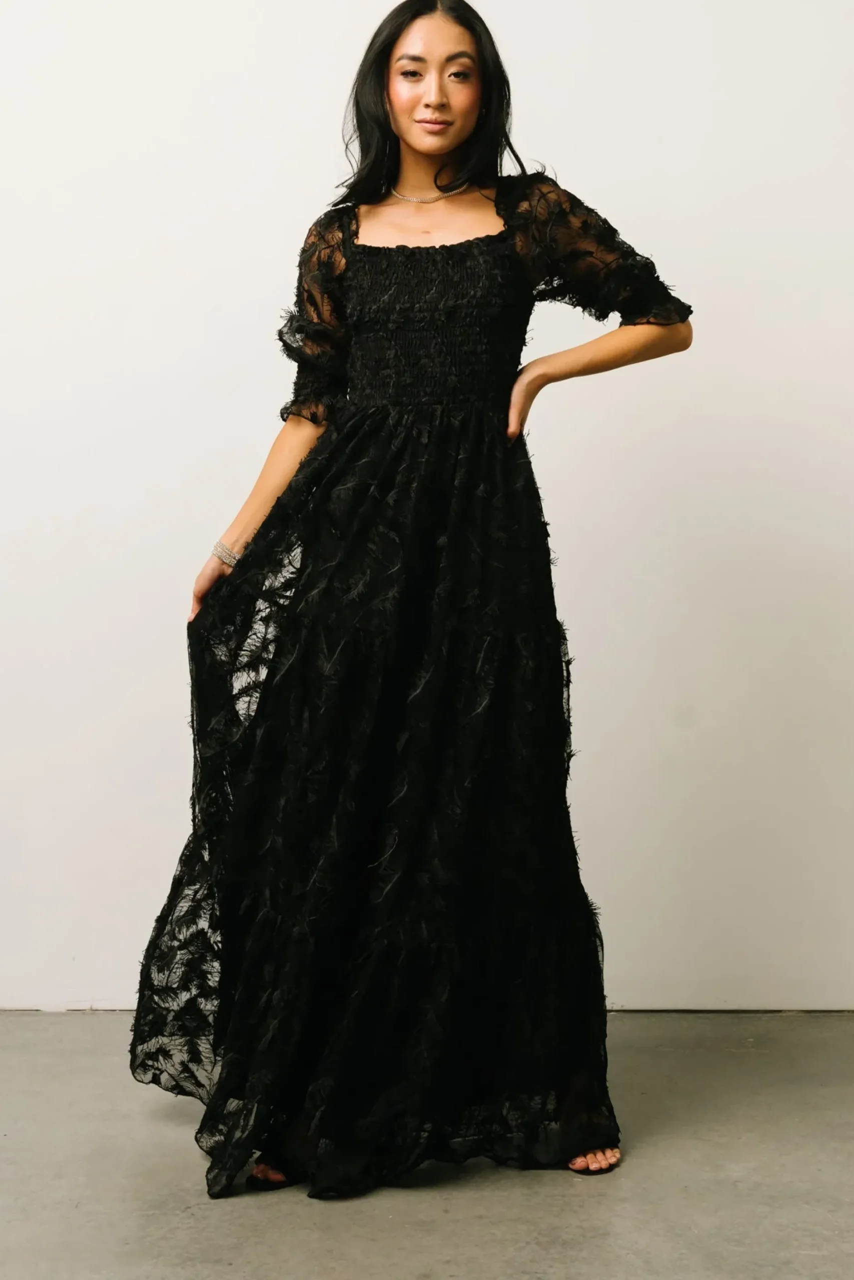 Baltic Born bump friendly|WINTER ESSENTIALS|Paloma Smocked Feather Maxi Dress | Black