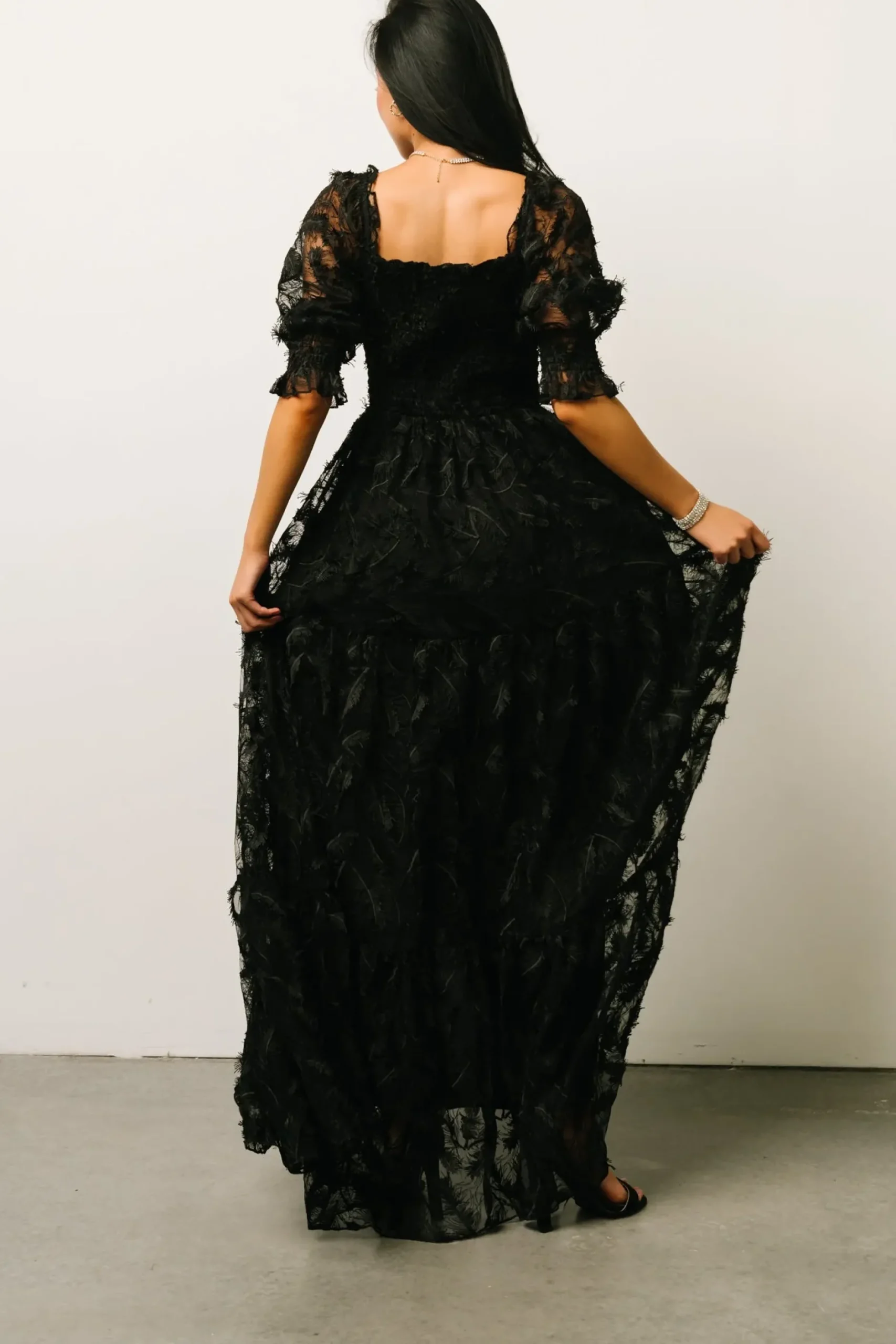 Baltic Born bump friendly|WINTER ESSENTIALS|Paloma Smocked Feather Maxi Dress | Black