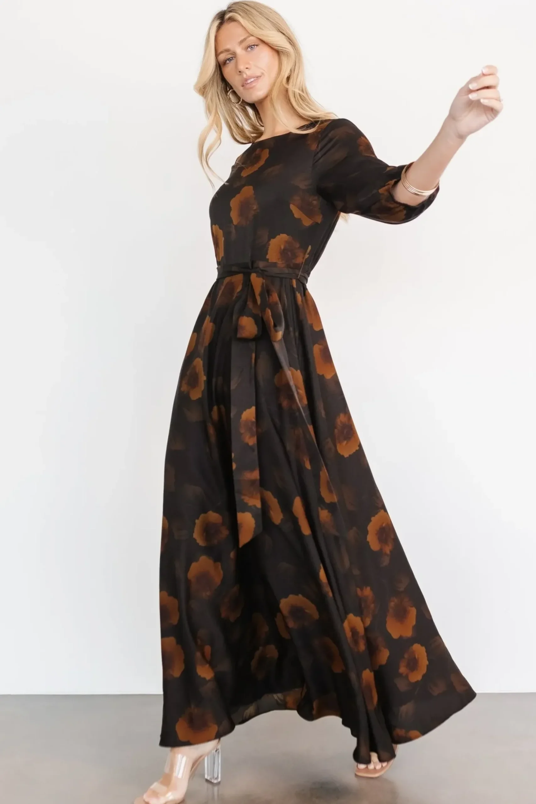 Baltic Born bump friendly|EXTENDED SIZING|Paula Satin Maxi Dress | Deep Brown Floral