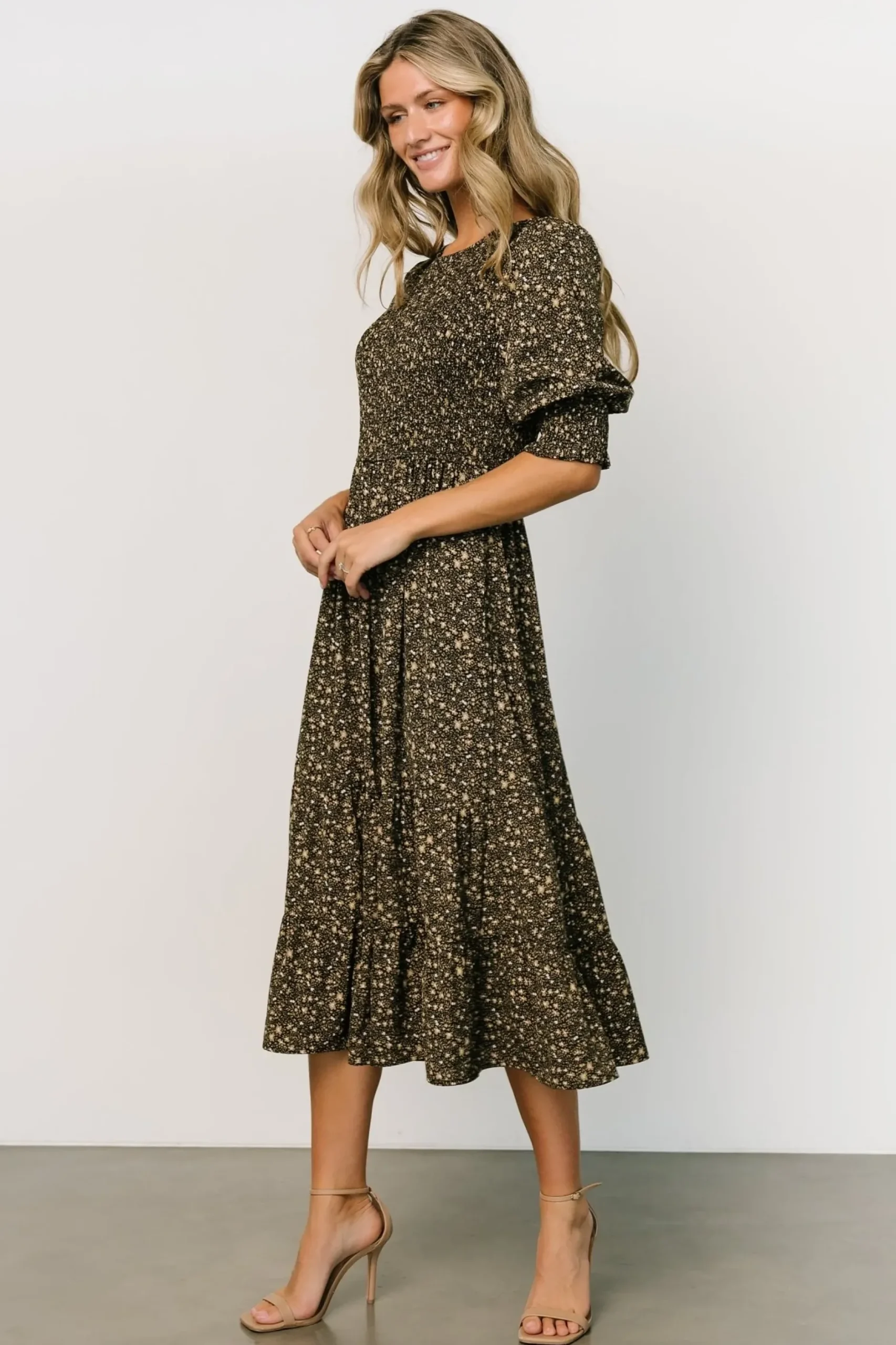 Baltic Born midi dresses|bump friendly|Pele Tiered Midi Dress | Black Floral
