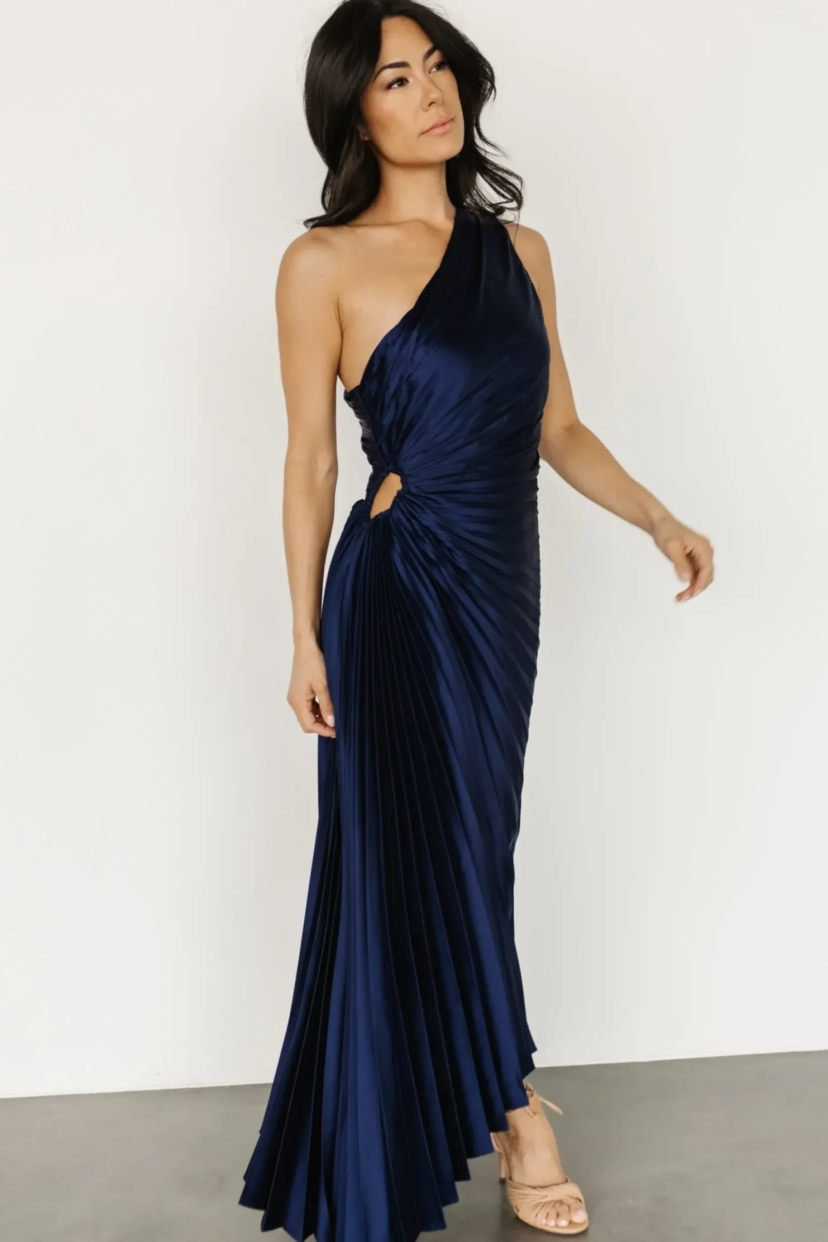 Baltic Born maxi dresses|midi dresses|Presley One Shoulder Pleated Dress | Midnight Blue