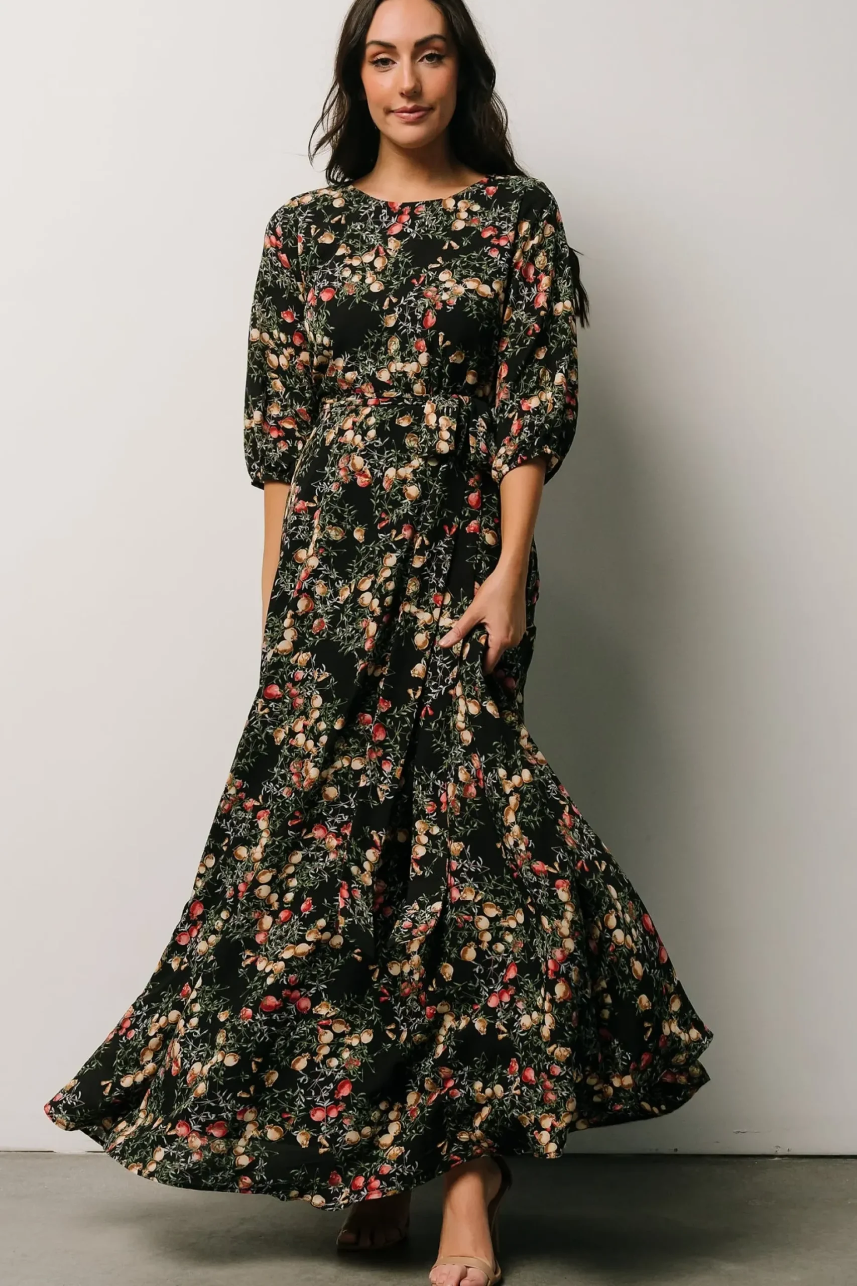 Baltic Born DRESSES|maxi dresses|Rebecca Maxi Dress | Black Pomegranate Print