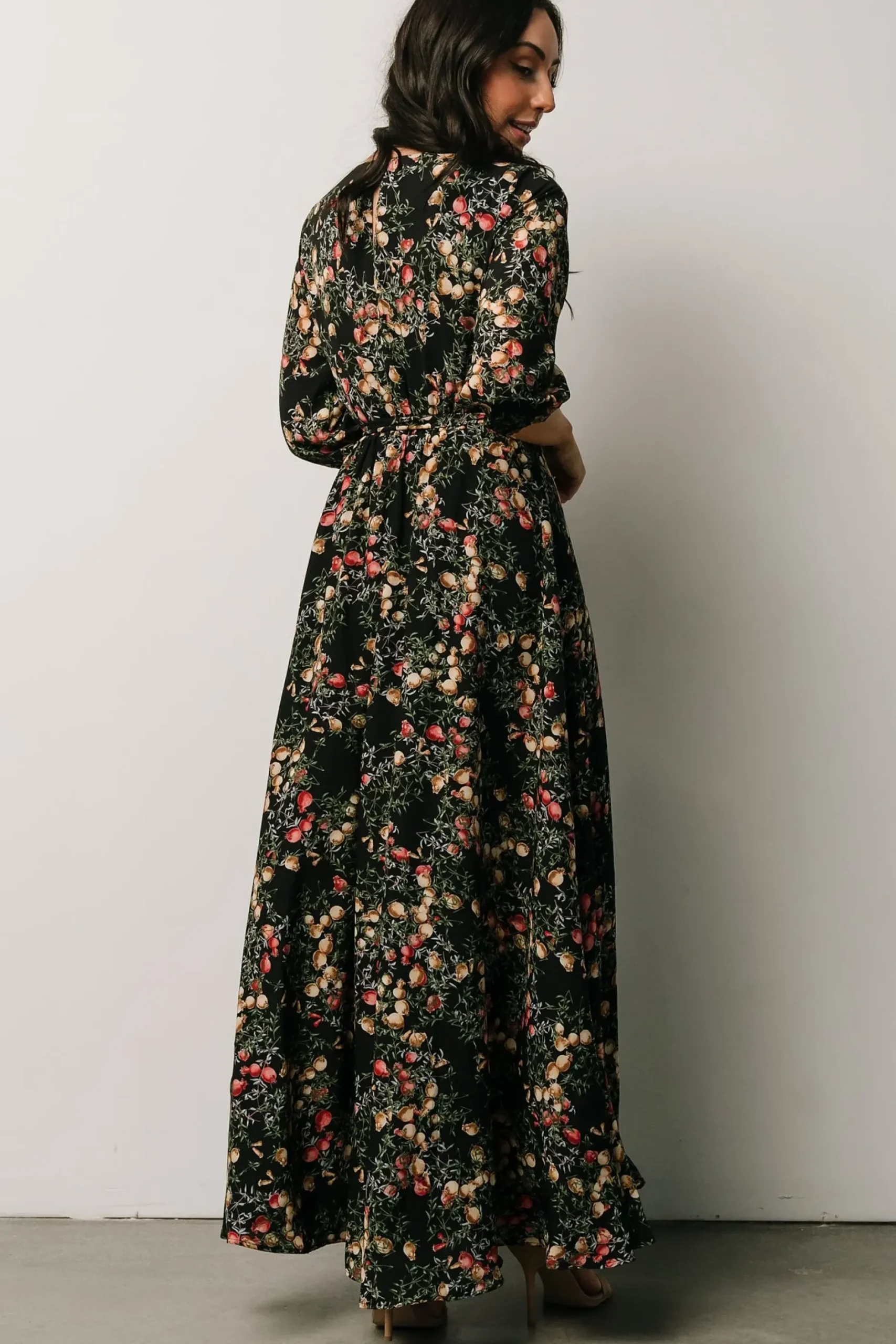 Baltic Born DRESSES|maxi dresses|Rebecca Maxi Dress | Black Pomegranate Print