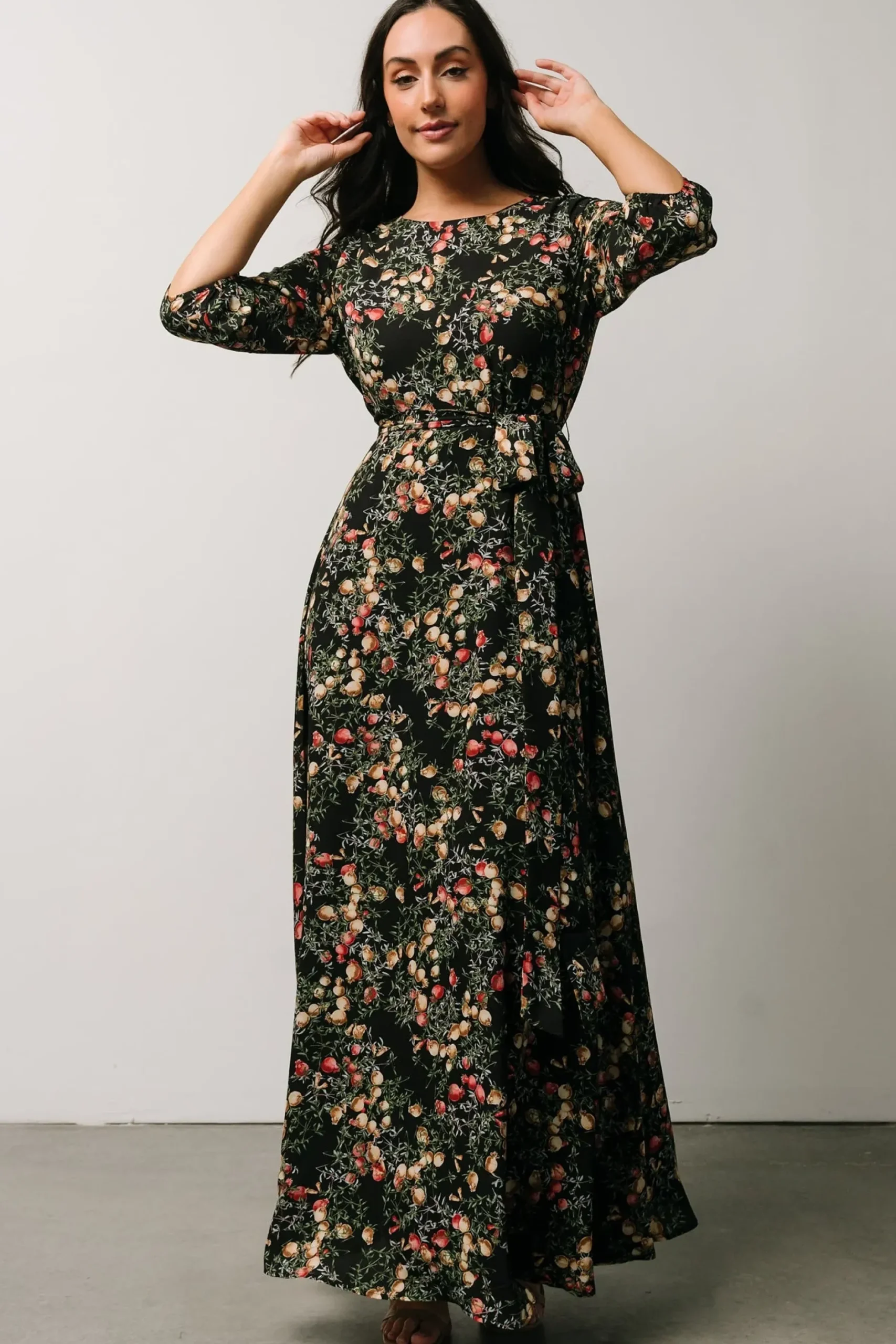 Baltic Born DRESSES|maxi dresses|Rebecca Maxi Dress | Black Pomegranate Print