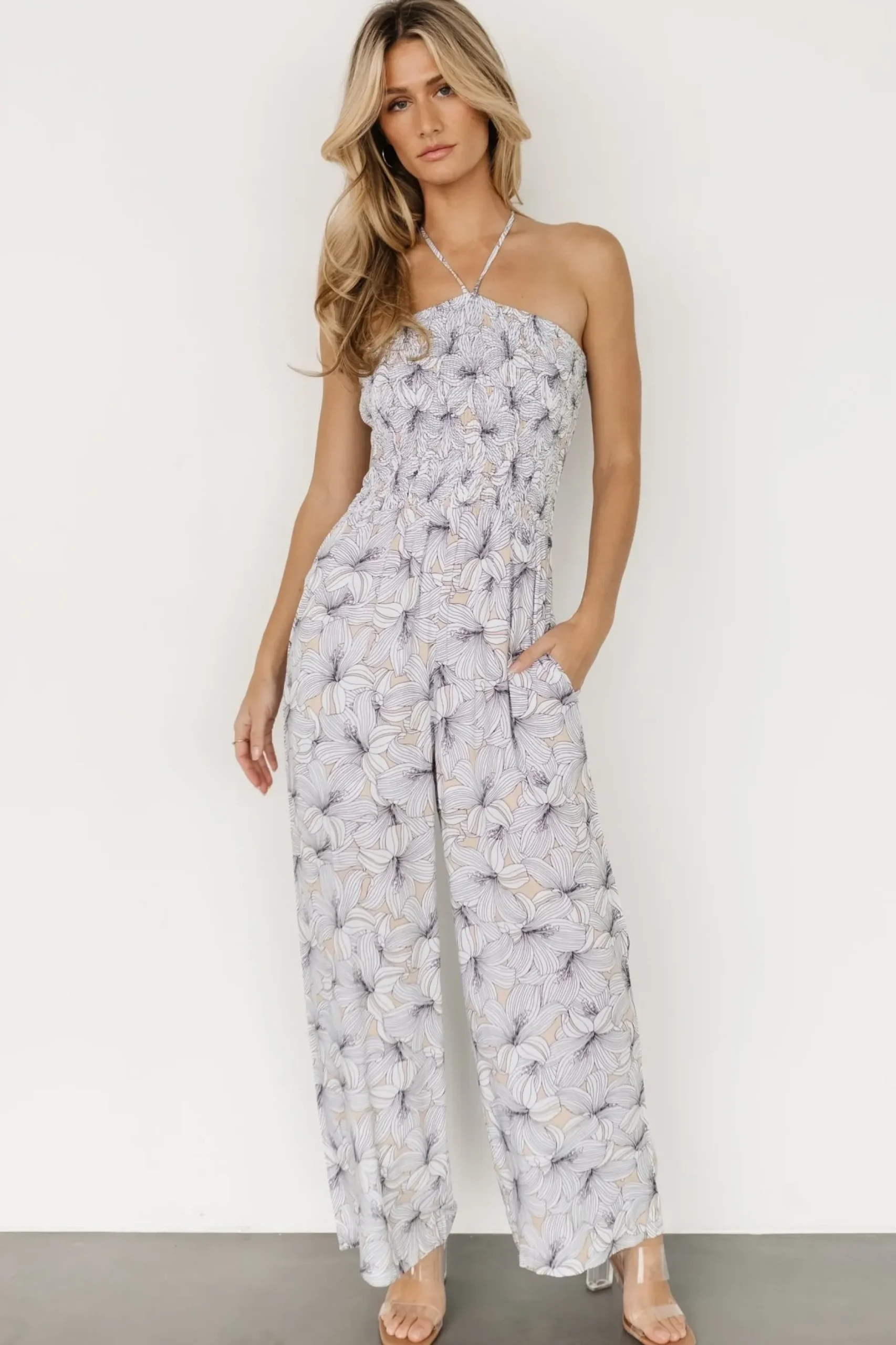 Baltic Born JUMPSUITS + ROMPERS|Santa Ana Halter Jumpsuit | Taupe + White