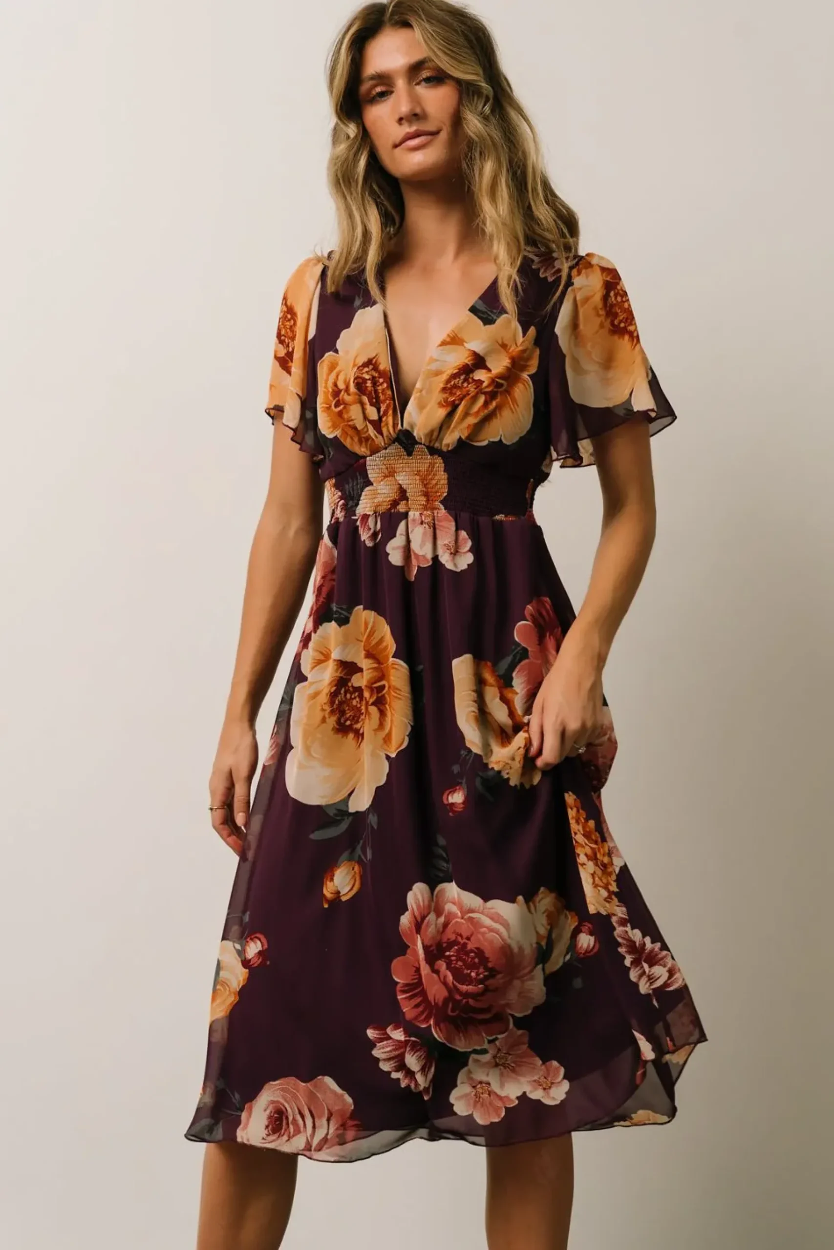 Baltic Born midi dresses|WEDDING SUITE|Sarah Smocked Midi Dress | Eggplant Floral