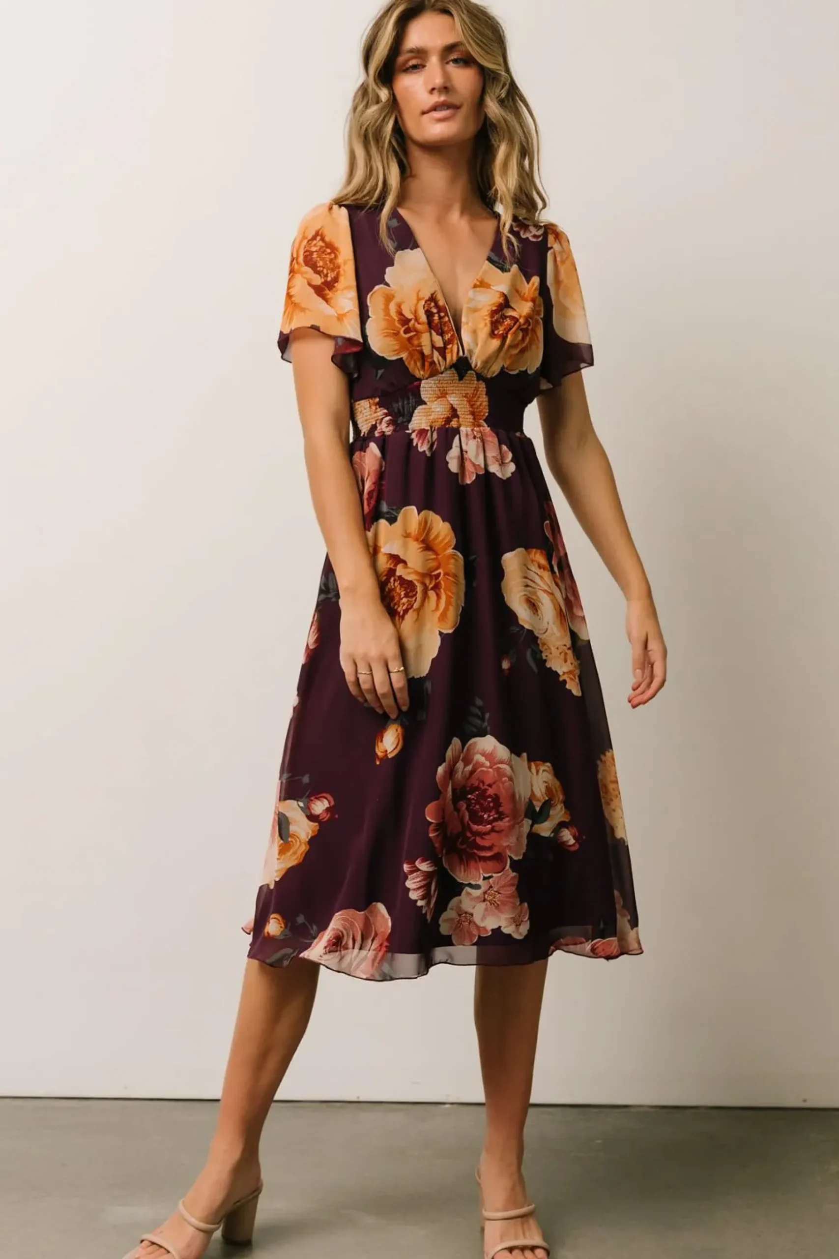 Baltic Born midi dresses|WEDDING SUITE|Sarah Smocked Midi Dress | Eggplant Floral
