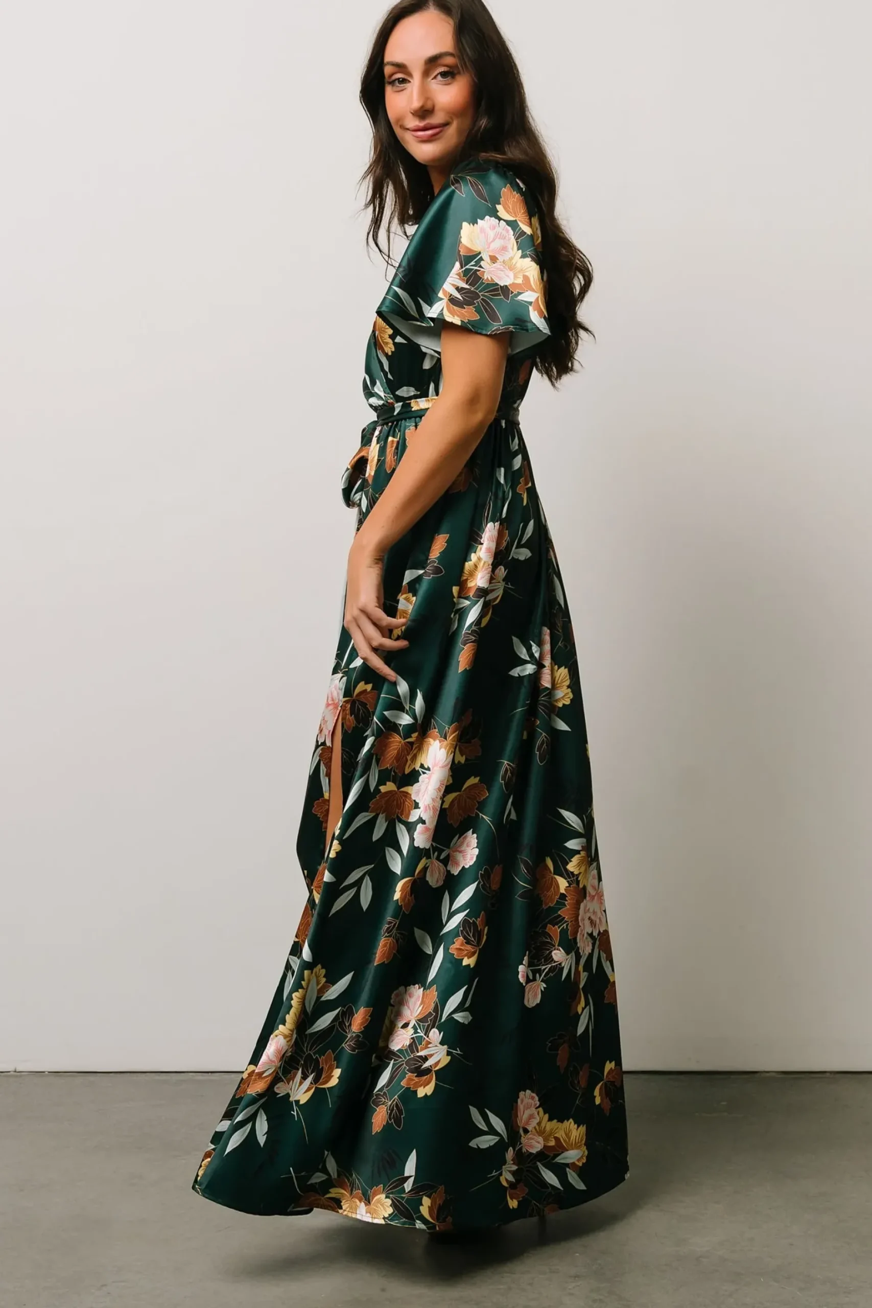 Baltic Born WEDDING SUITE|wedding guest|Sicily Satin Maxi Dress | Dark Green Floral