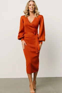 Baltic Born midi dresses|TOPS|Soho Bubble Sleeve Sweater Dress | Rust