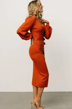 Baltic Born midi dresses|TOPS|Soho Bubble Sleeve Sweater Dress | Rust