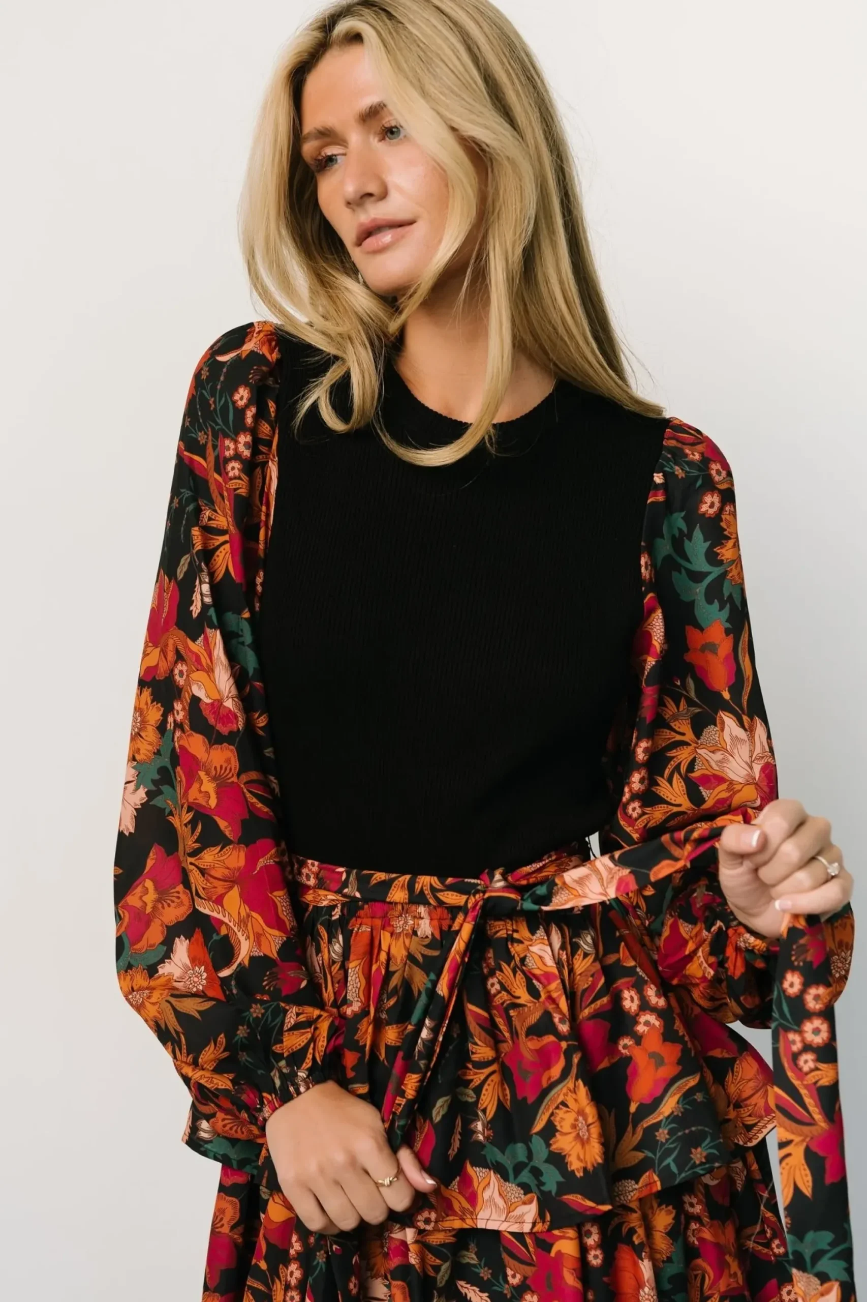 Baltic Born midi dresses|Sylvie Tiered Midi Dress | Black Multi