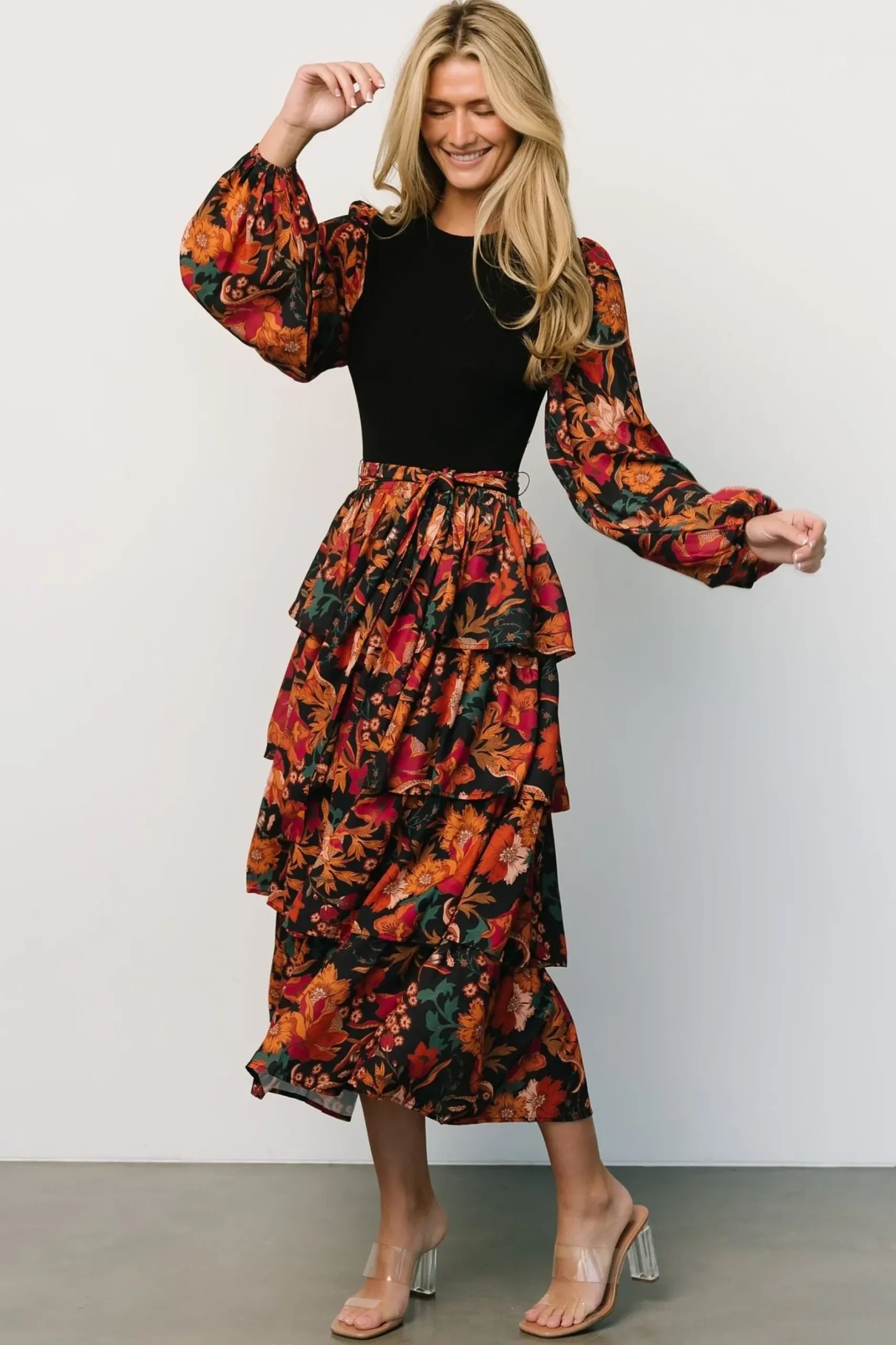 Baltic Born midi dresses|Sylvie Tiered Midi Dress | Black Multi