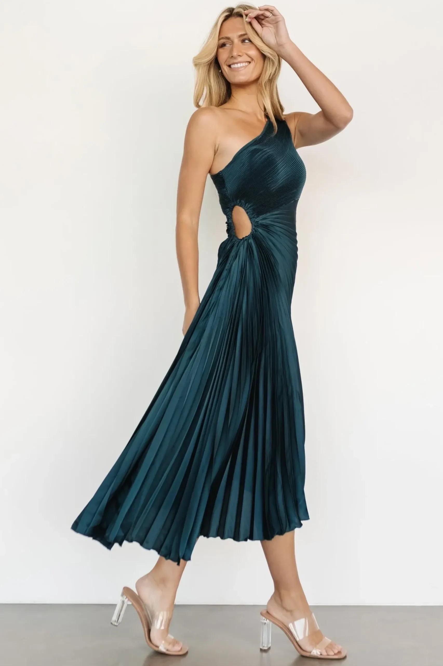 Baltic Born midi dresses|Tasia One Shoulder Pleated Dress | Deep Jade