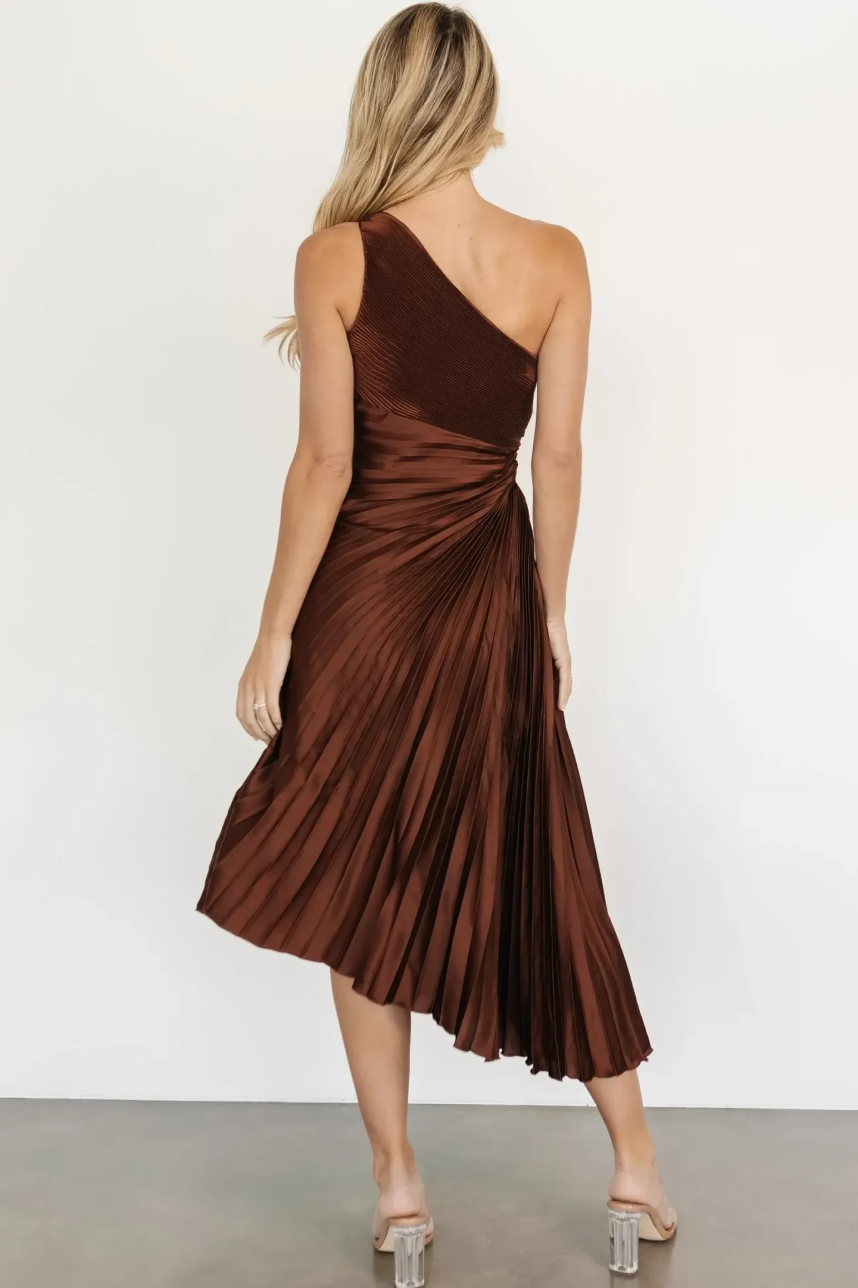 Baltic Born midi dresses|Tasia One Shoulder Pleated Dress | Mahogany