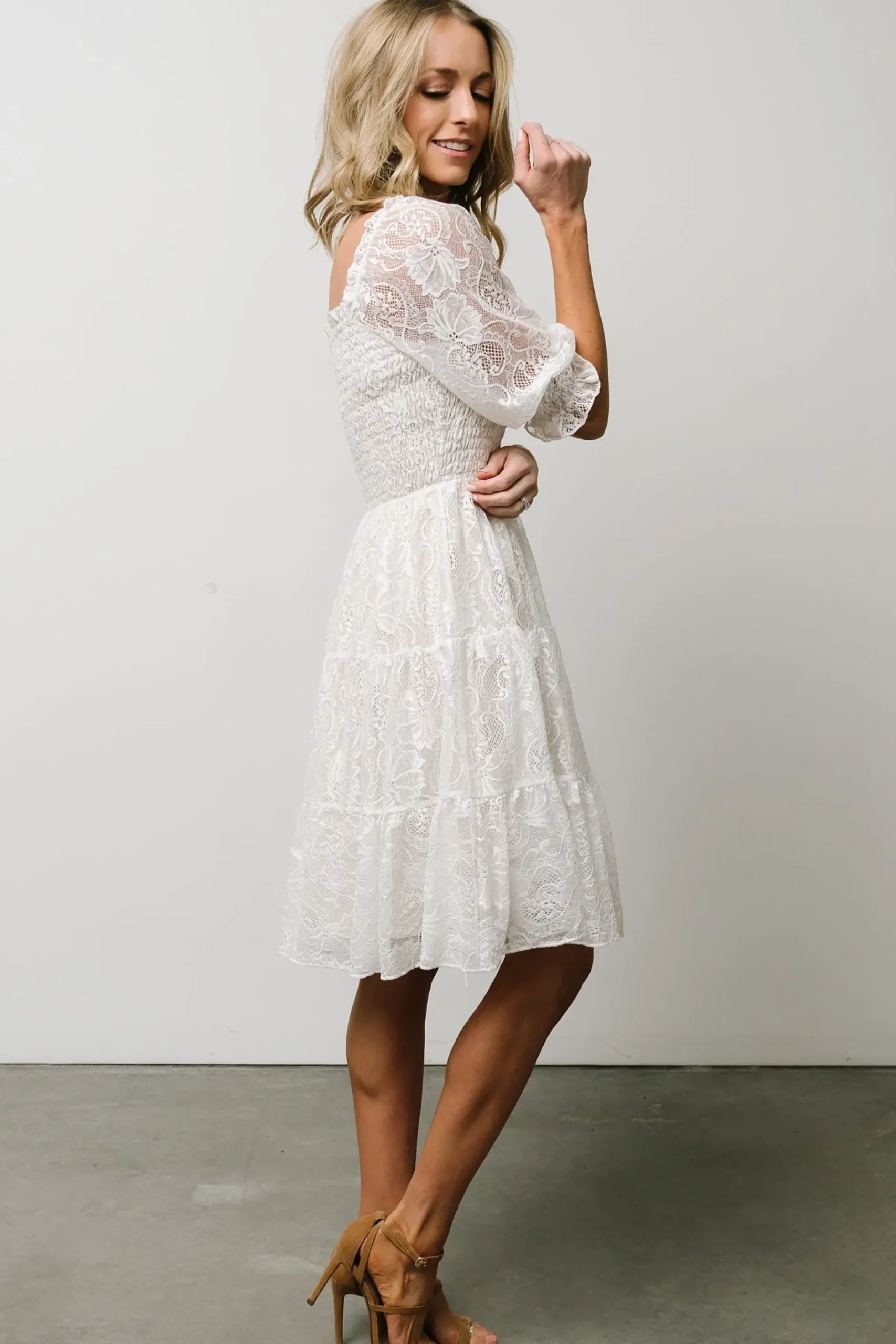 Baltic Born midi dresses|short dresses|Tate Smocked Lace Short Dress | Off White