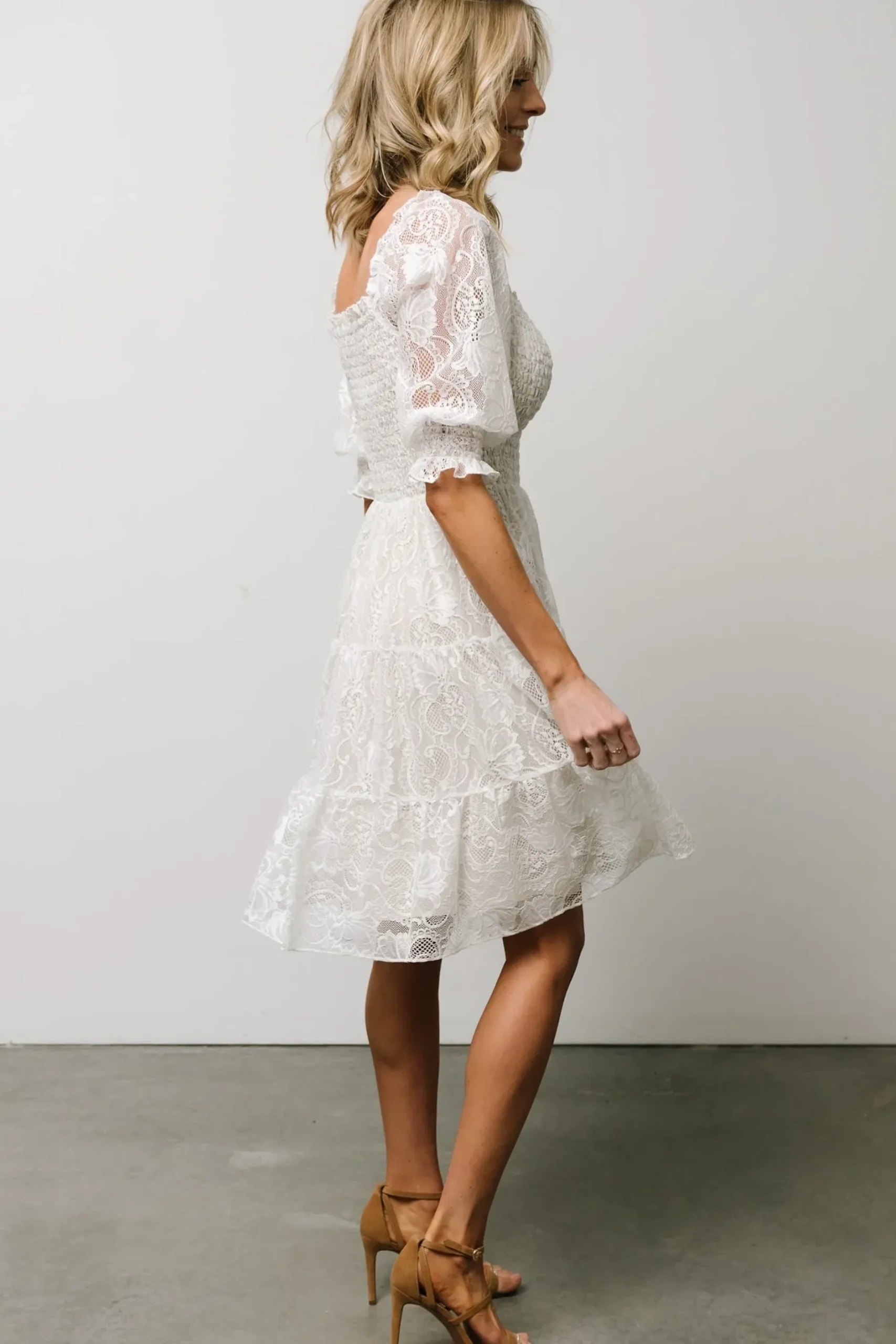 Baltic Born midi dresses|short dresses|Tate Smocked Lace Short Dress | Off White