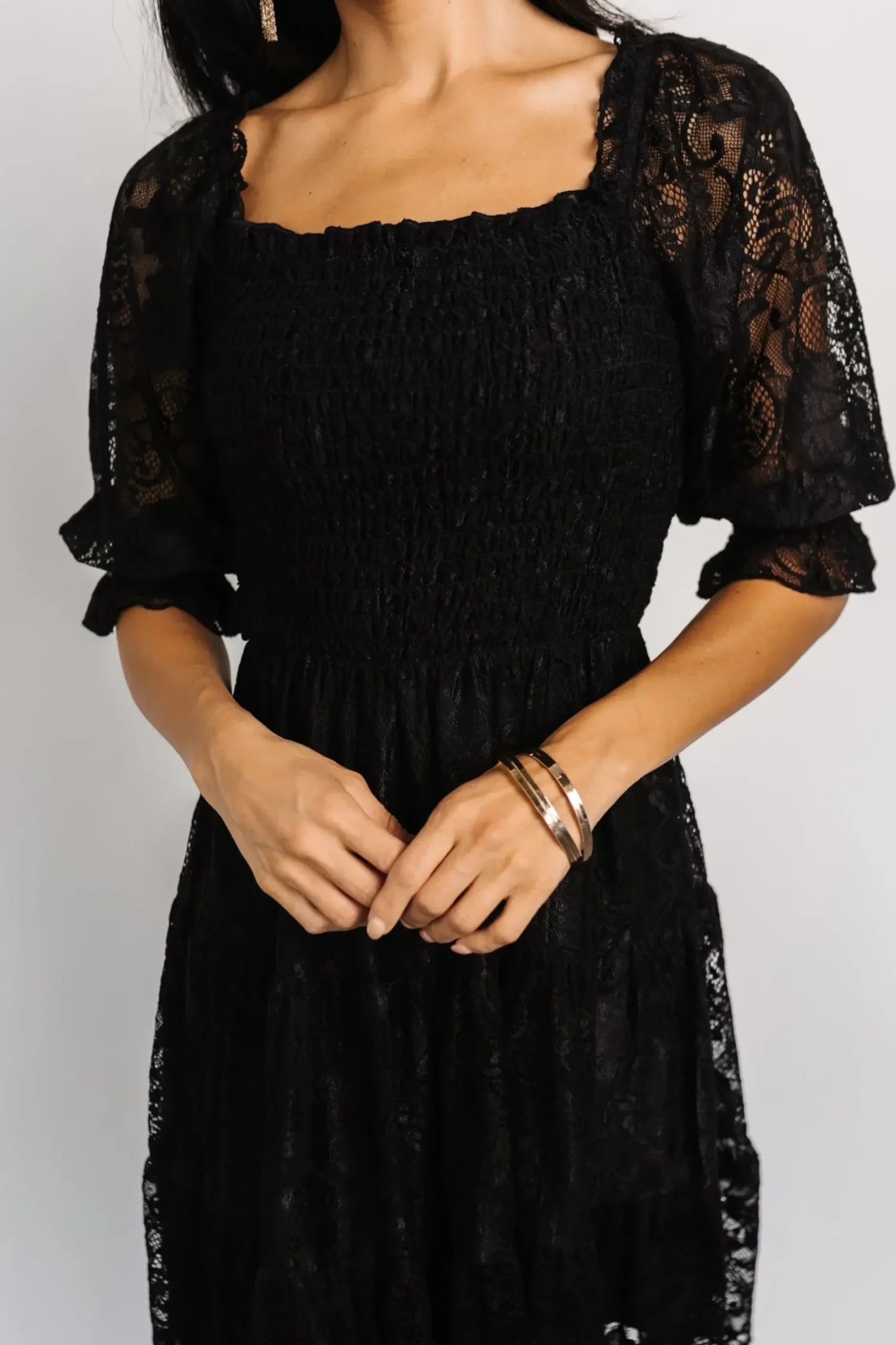 Baltic Born midi dresses|short dresses|Tate Smocked Lace Short Dress | Black