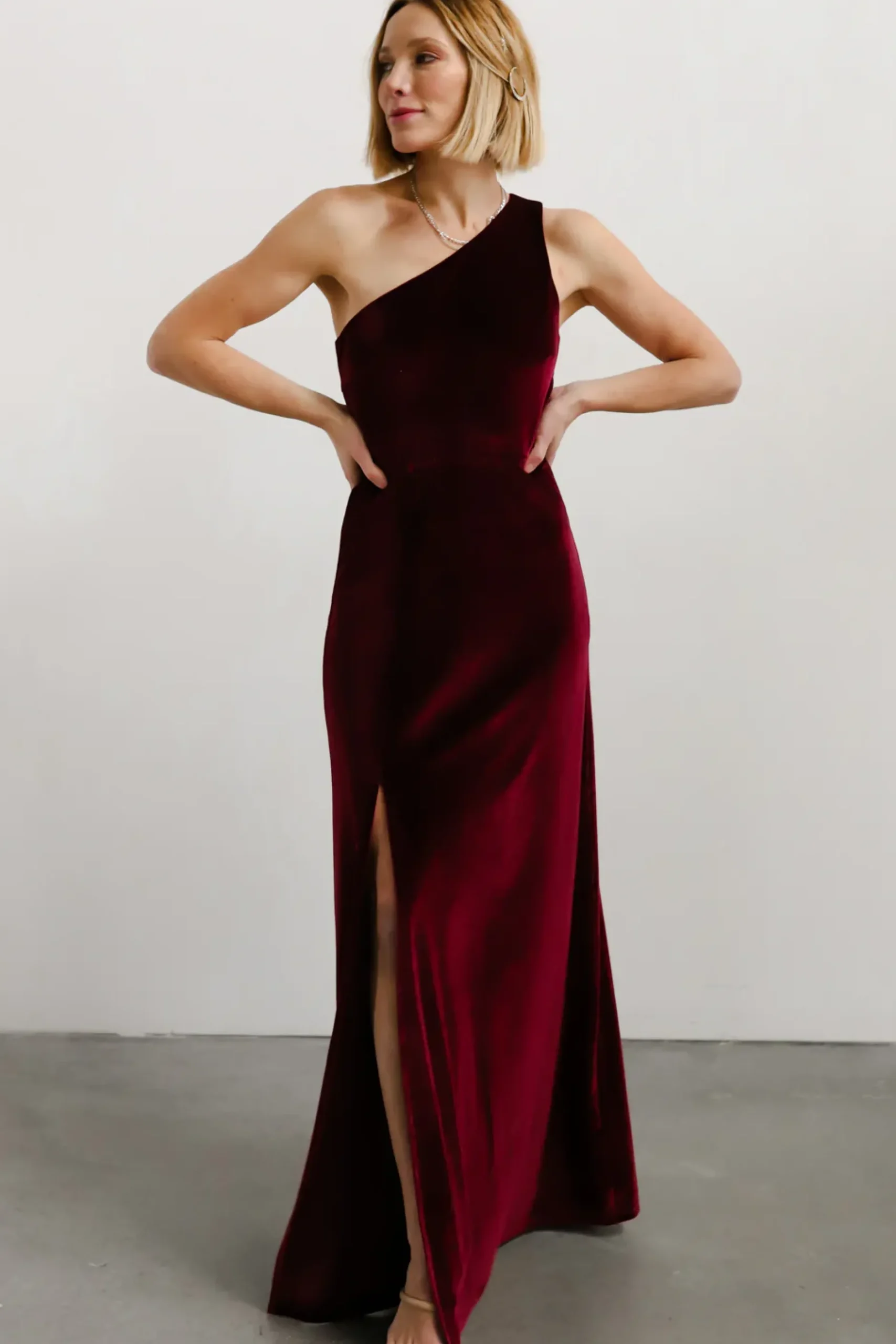 Baltic Born WEDDING SUITE|wedding guest|Tatiana Velvet One Shoulder Maxi Dress | Merlot