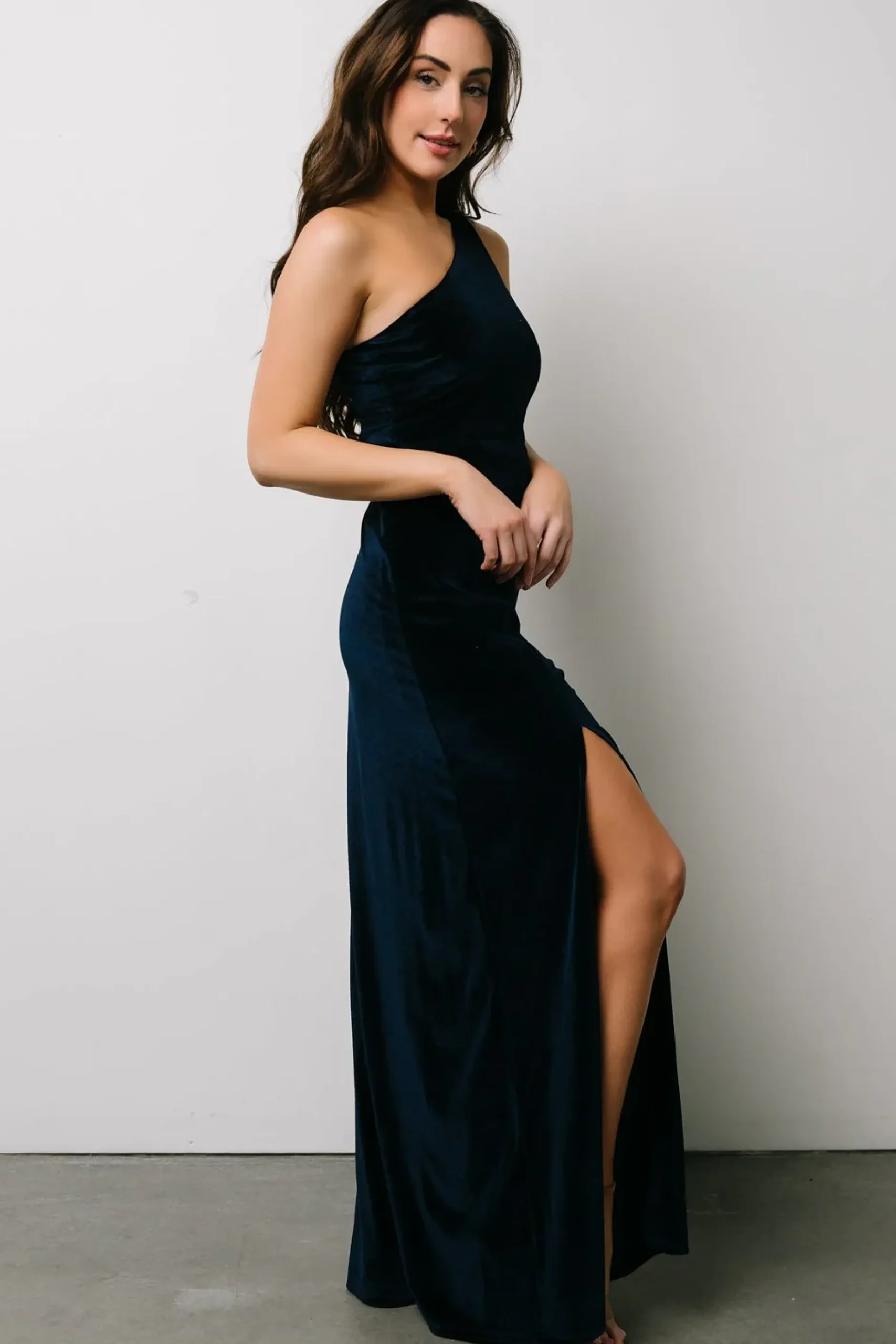 Baltic Born WEDDING SUITE|wedding guest|Tatiana Velvet One Shoulder Maxi Dress | Navy