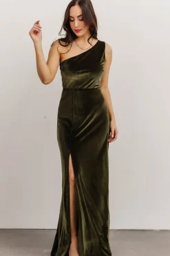 Baltic Born WEDDING SUITE|wedding guest|Tatiana Velvet One Shoulder Maxi Dress | Olive