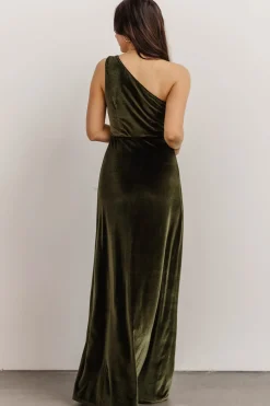 Baltic Born WEDDING SUITE|wedding guest|Tatiana Velvet One Shoulder Maxi Dress | Olive