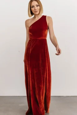 Baltic Born WEDDING SUITE|wedding guest|Tatiana Velvet One Shoulder Maxi Dress | Rust