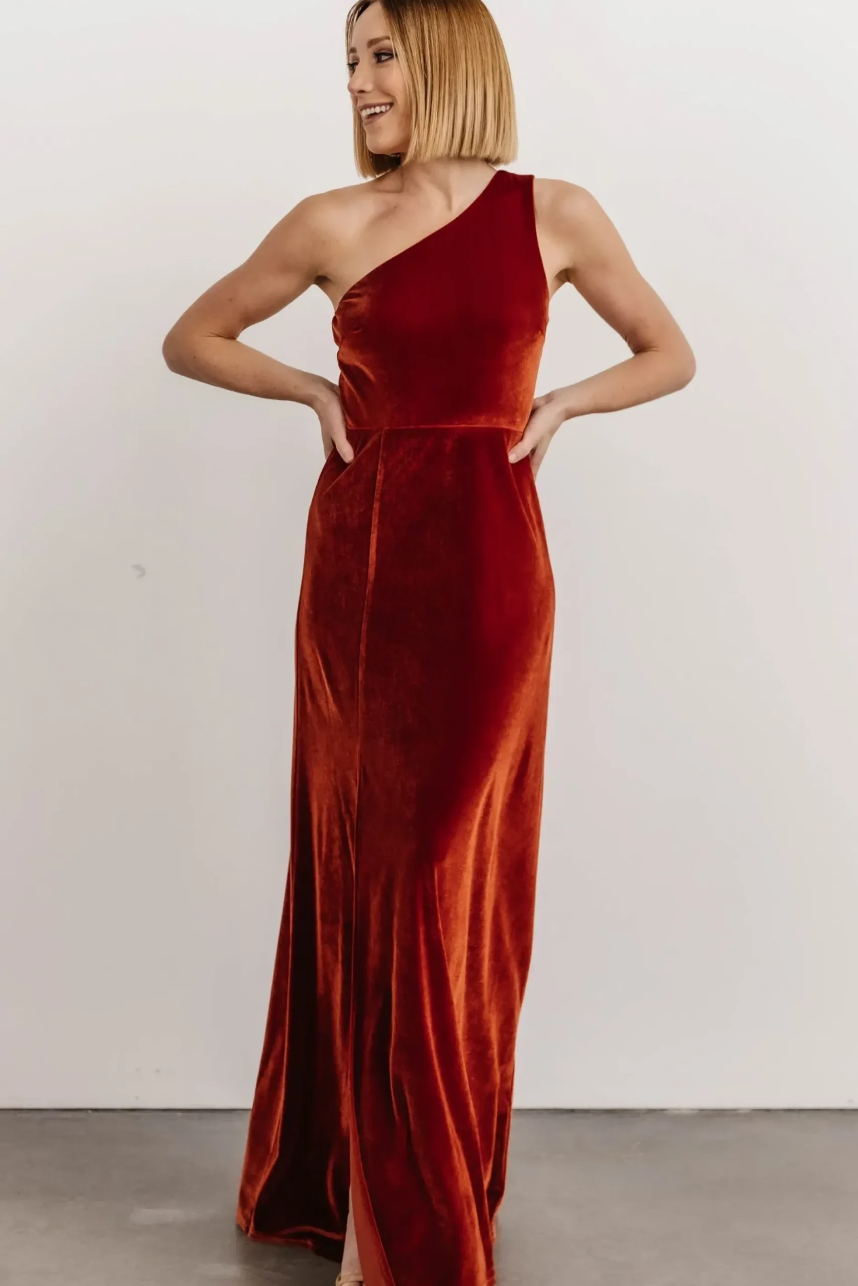 Baltic Born WEDDING SUITE|wedding guest|Tatiana Velvet One Shoulder Maxi Dress | Rust