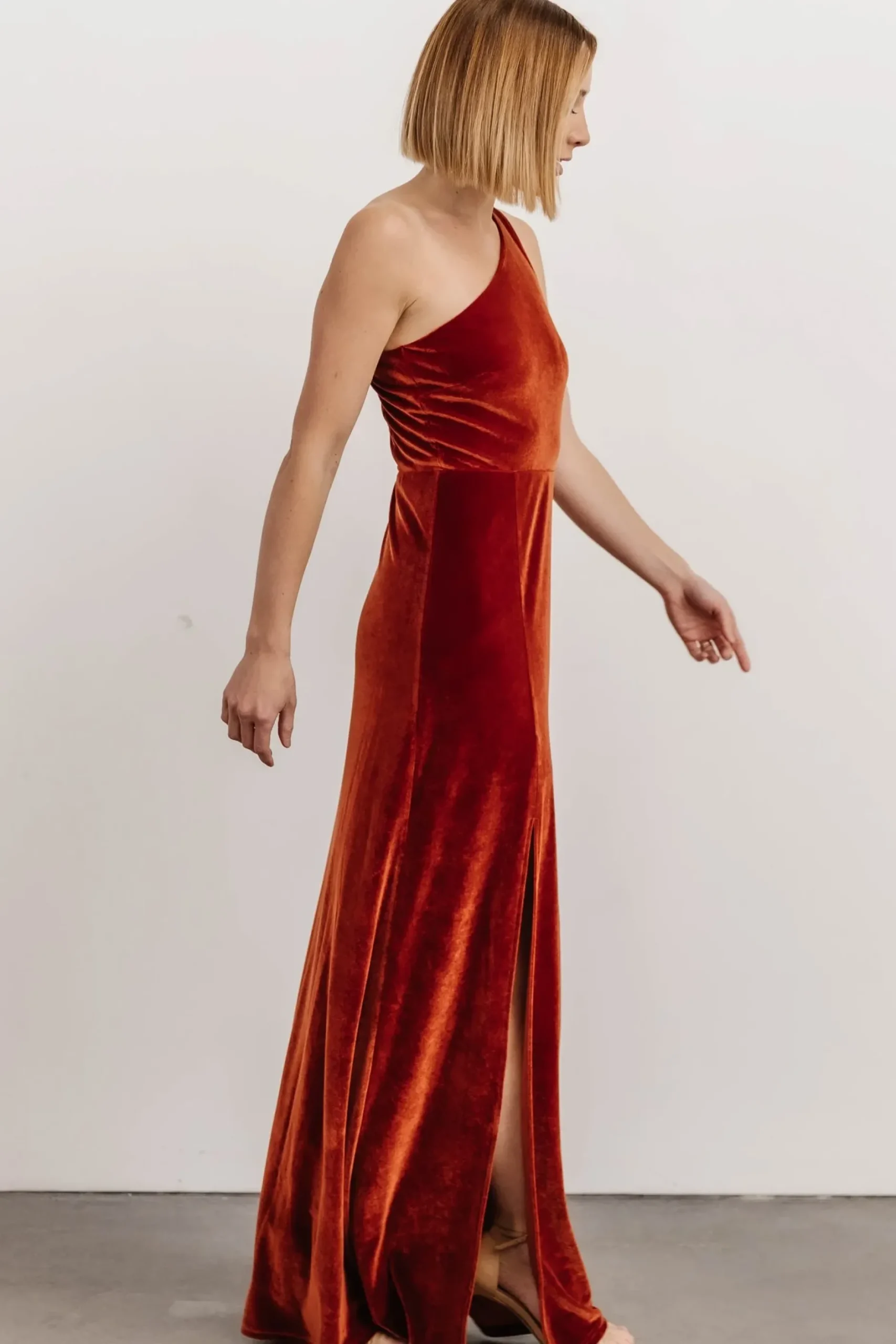 Baltic Born WEDDING SUITE|wedding guest|Tatiana Velvet One Shoulder Maxi Dress | Rust