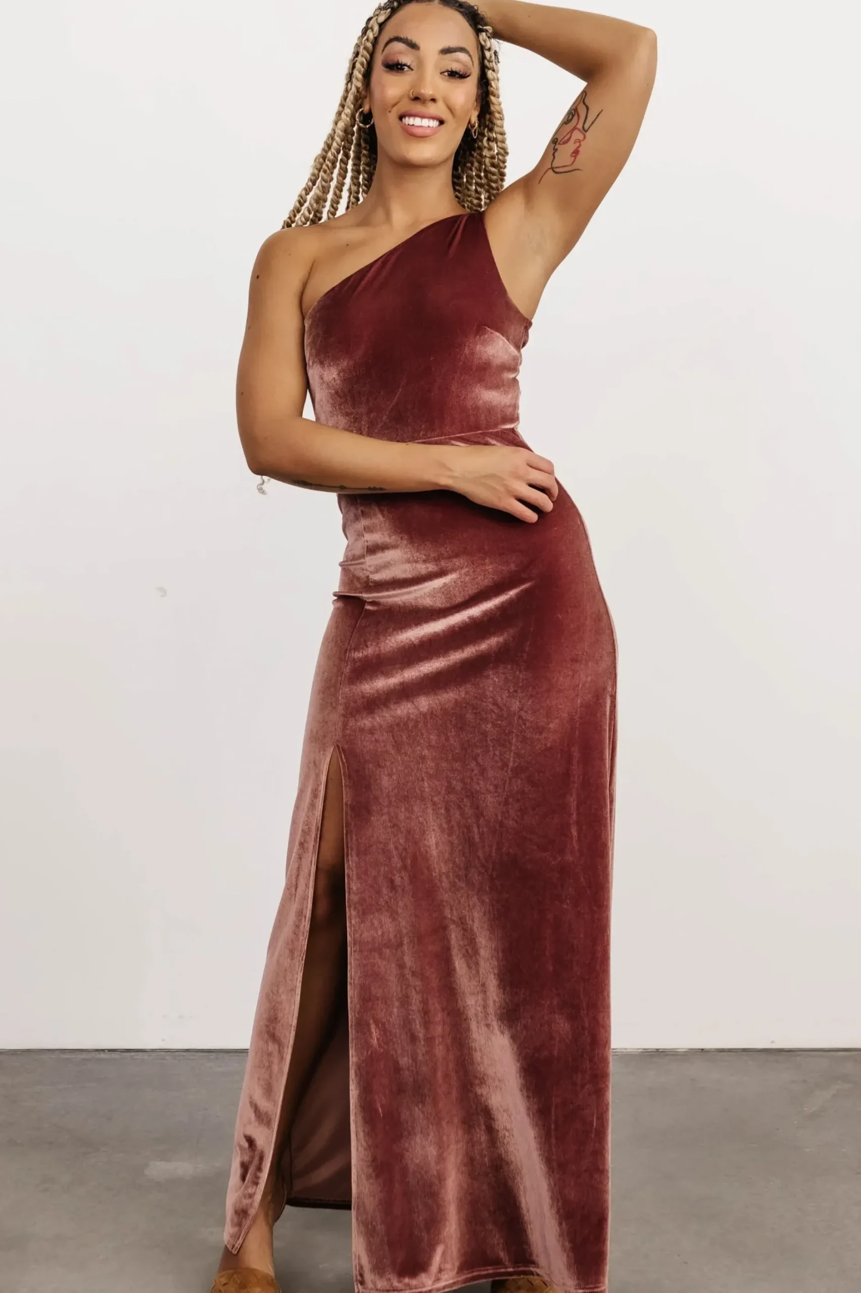 Baltic Born WEDDING SUITE|wedding guest|Tatiana Velvet One Shoulder Maxi Dress | Rose