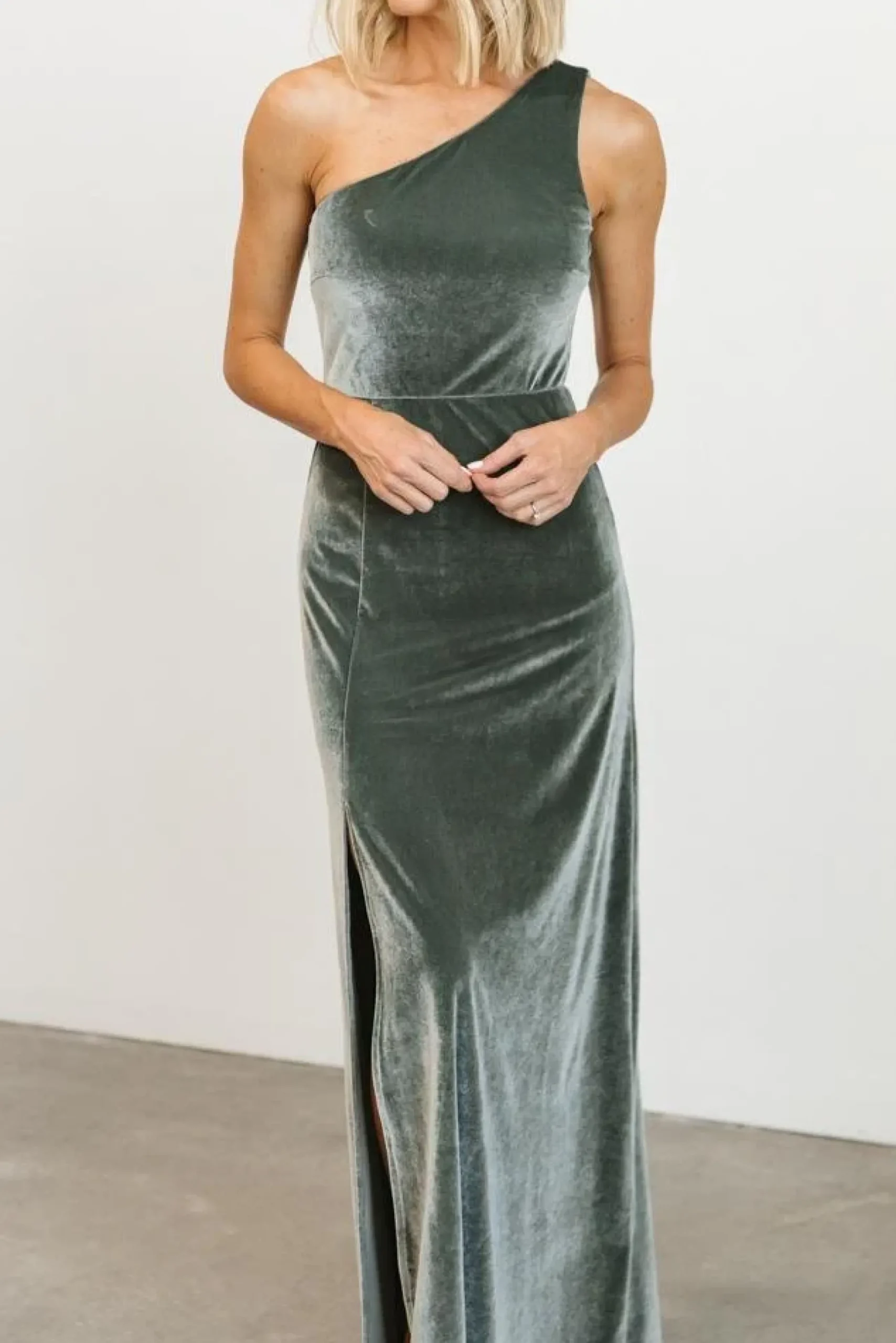 Baltic Born WEDDING SUITE|wedding guest|Tatiana Velvet One Shoulder Maxi Dress | Eucalyptus
