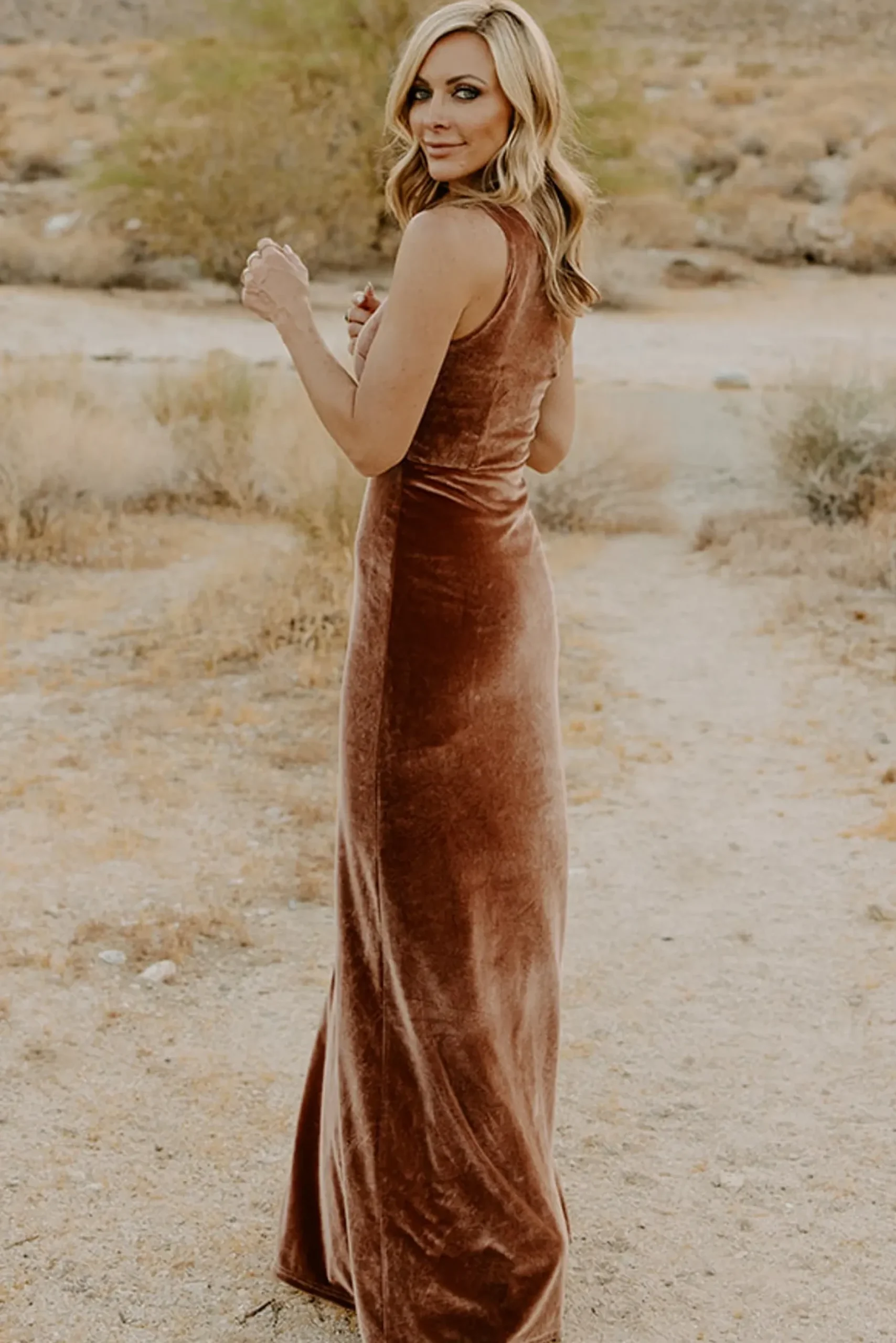 Baltic Born WEDDING SUITE|wedding guest|Tatiana Velvet One Shoulder Maxi Dress | Bronze