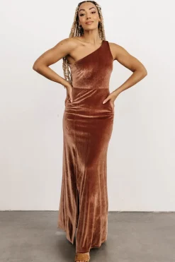Baltic Born WEDDING SUITE|wedding guest|Tatiana Velvet One Shoulder Maxi Dress | Bronze