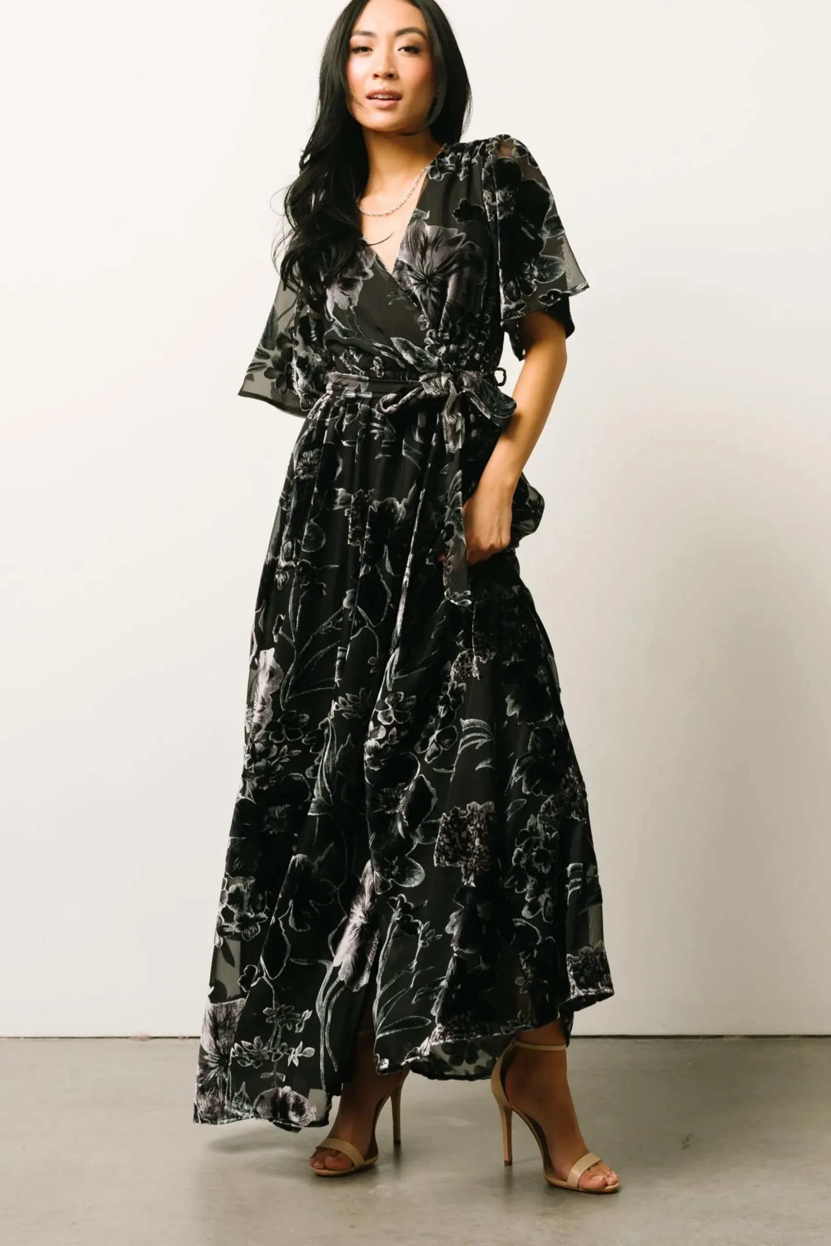 Baltic Born maxi dresses|WEDDING SUITE|Uma Velvet Maxi Dress | Black + Silver Floral