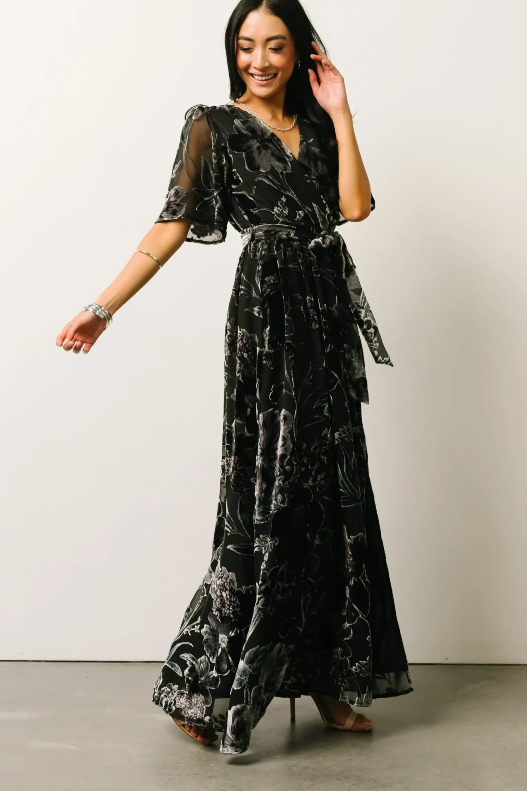 Baltic Born maxi dresses|WEDDING SUITE|Uma Velvet Maxi Dress | Black + Silver Floral