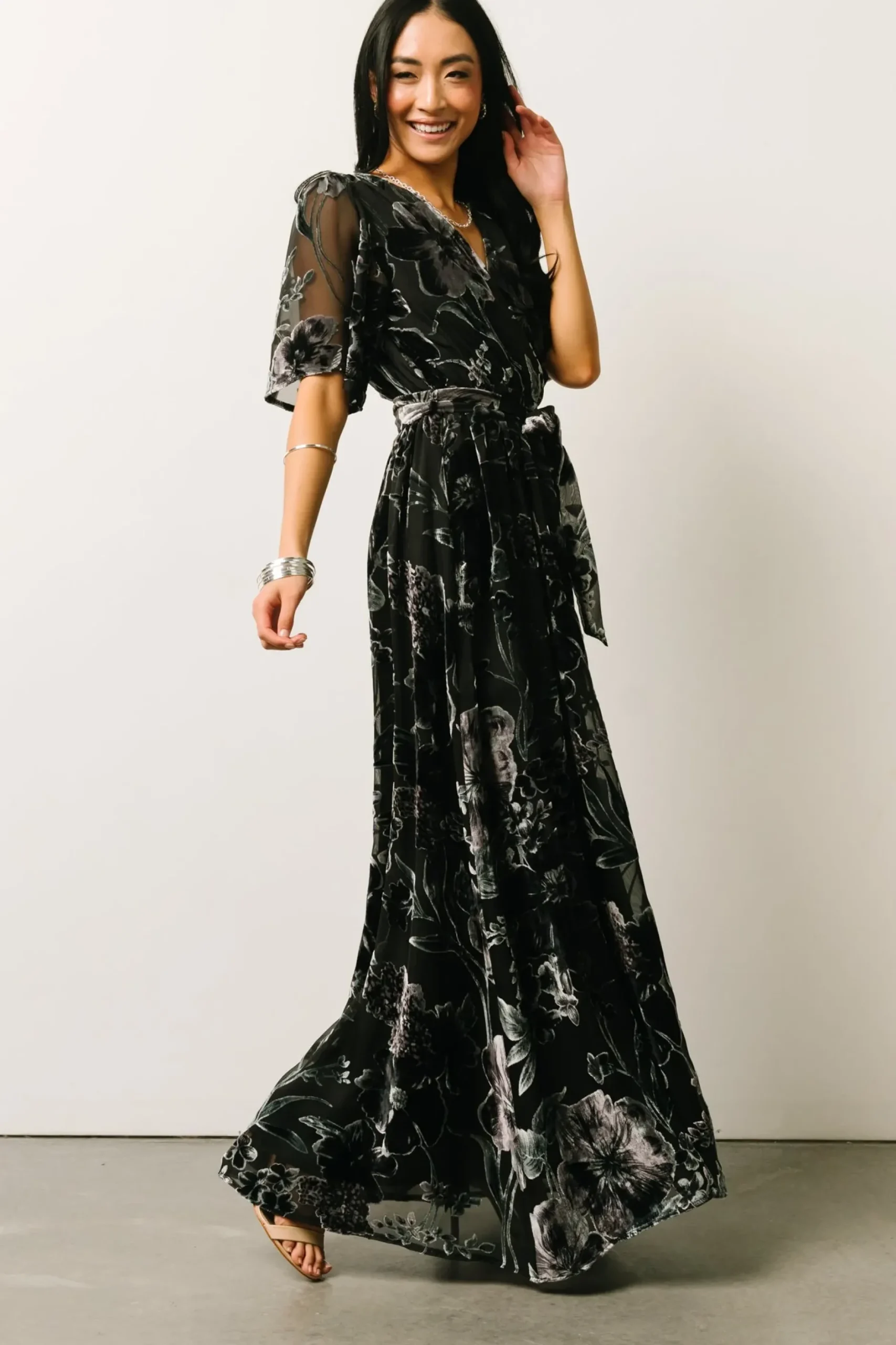Baltic Born maxi dresses|WEDDING SUITE|Uma Velvet Maxi Dress | Black + Silver Floral