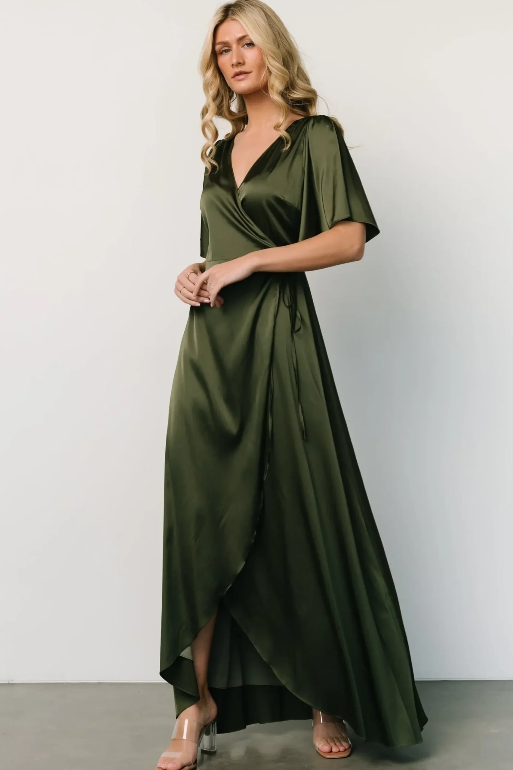 Baltic Born maxi dresses|WEDDING SUITE|Vara Satin Maxi Wrap Dress | Juniper Green