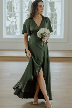 Baltic Born maxi dresses|WEDDING SUITE|Vara Satin Maxi Wrap Dress | Juniper Green