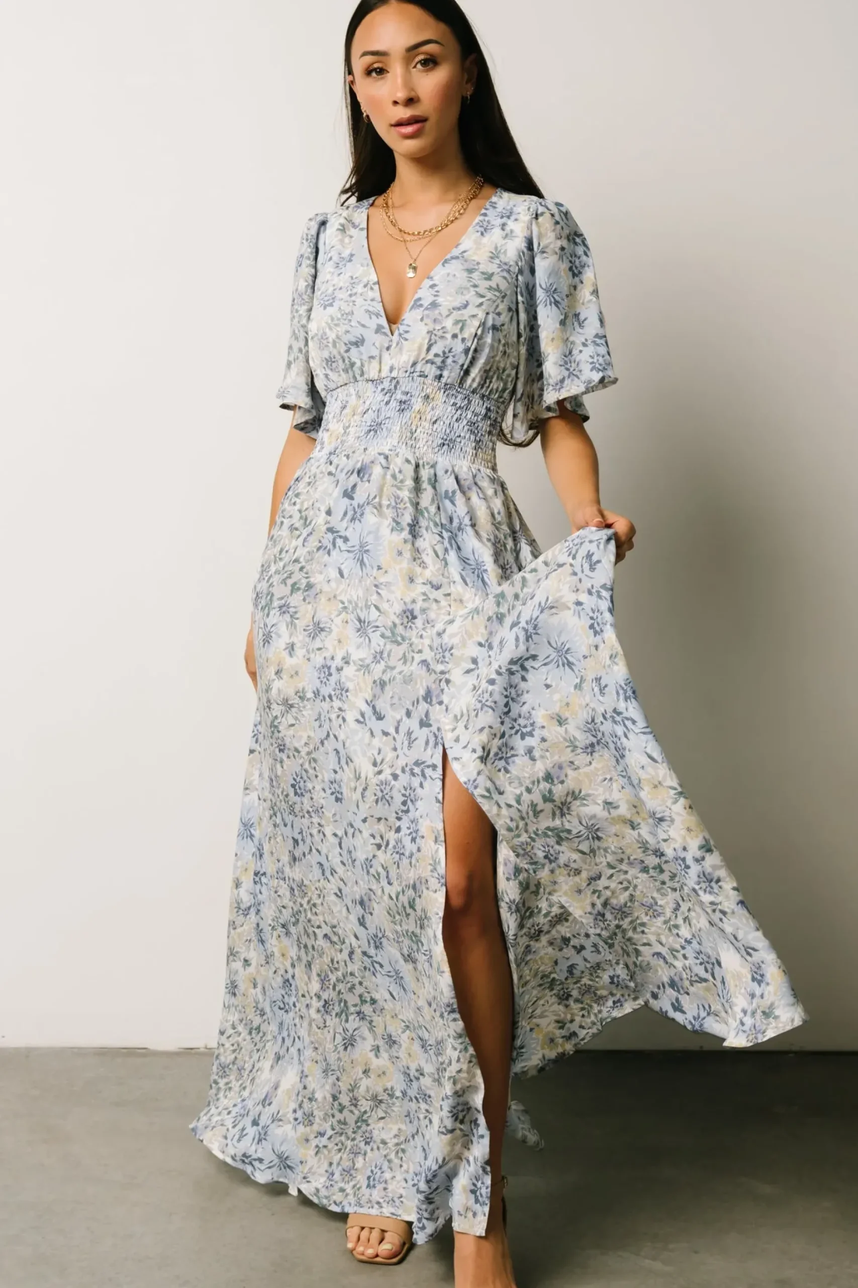 Baltic Born WINTER ESSENTIALS|Verona Smocked Maxi Dress | White + Blue Print