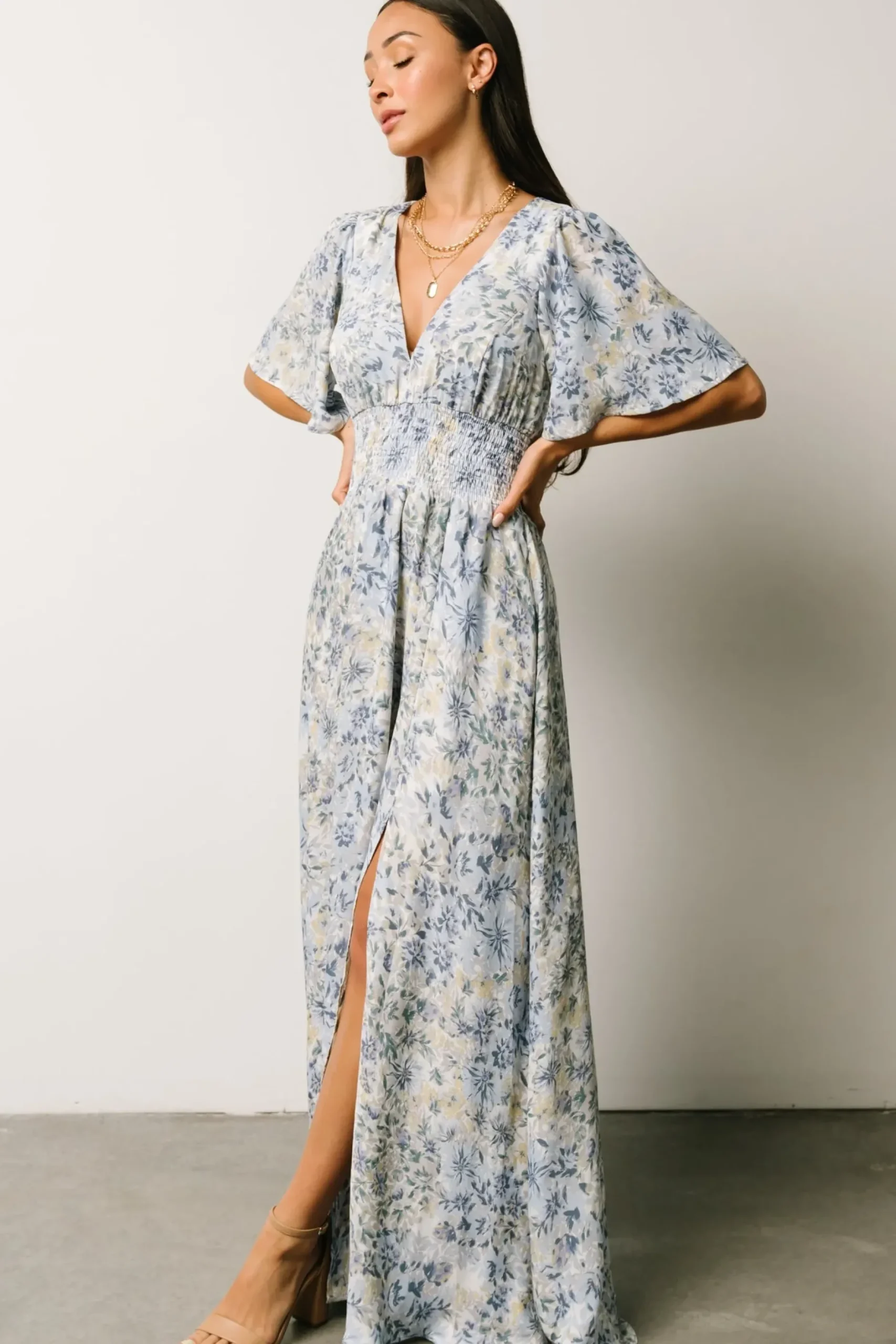 Baltic Born WINTER ESSENTIALS|Verona Smocked Maxi Dress | White + Blue Print