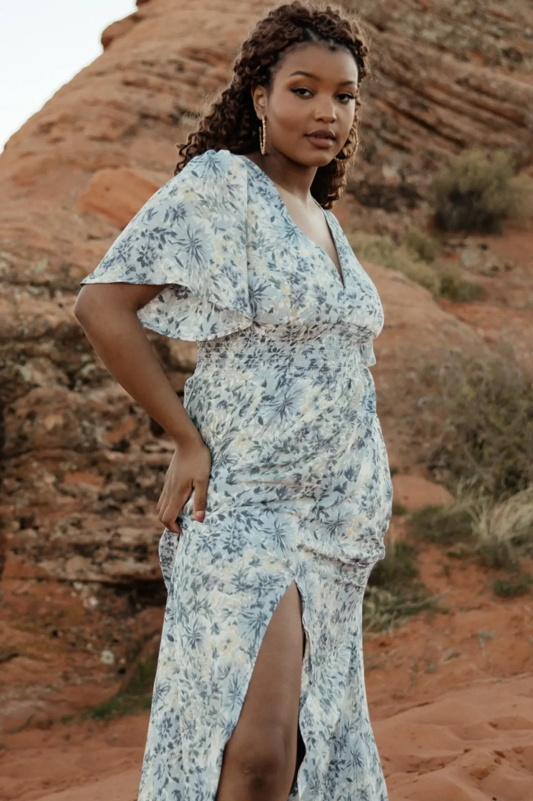 Baltic Born WINTER ESSENTIALS|Verona Smocked Maxi Dress | White + Blue Print