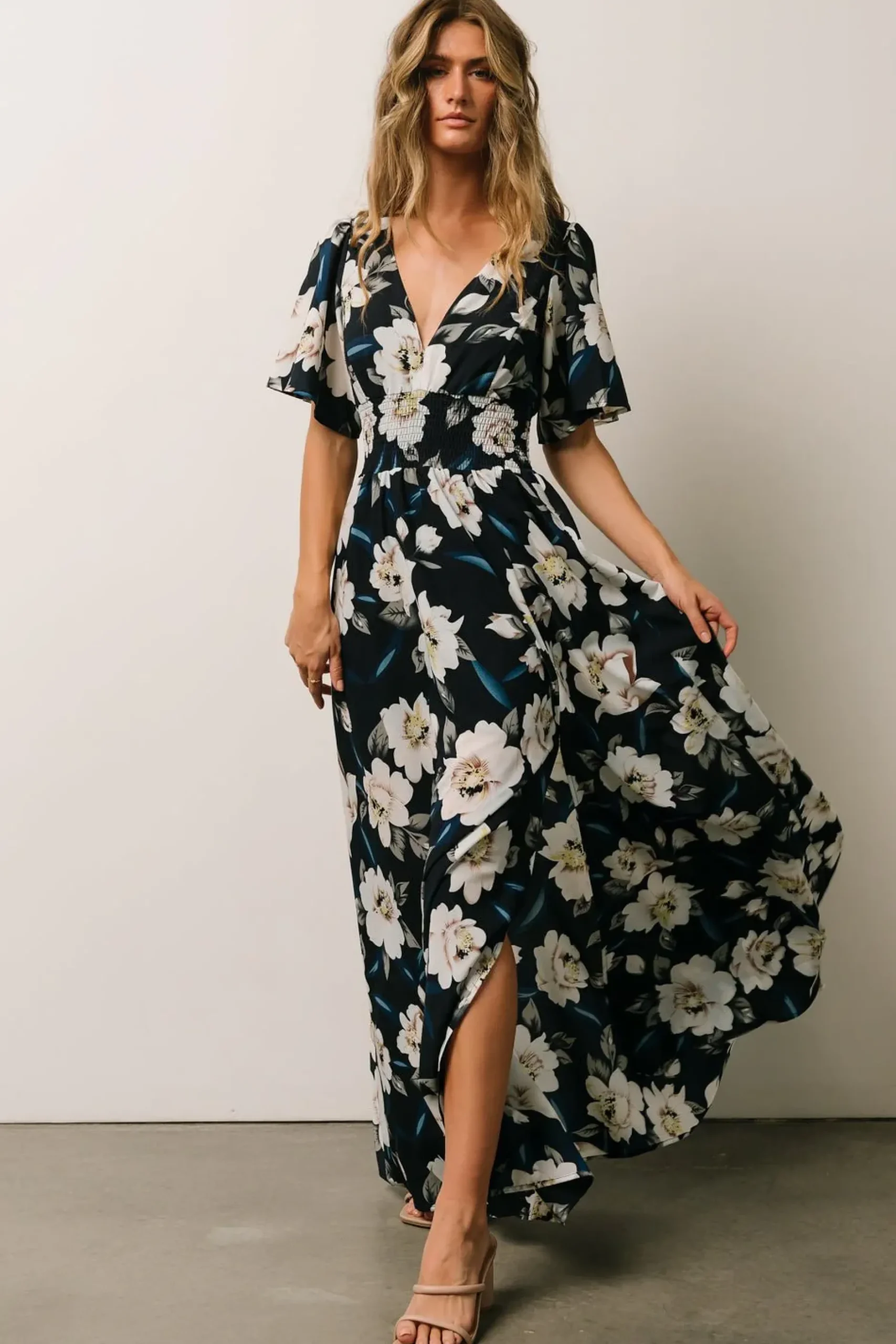 Baltic Born WINTER ESSENTIALS|Verona Smocked Maxi Dress | Navy + White Floral